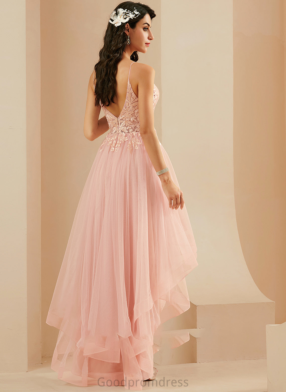 Lace Prom Dresses Asymmetrical Tulle Monique Ball-Gown/Princess V-neck With