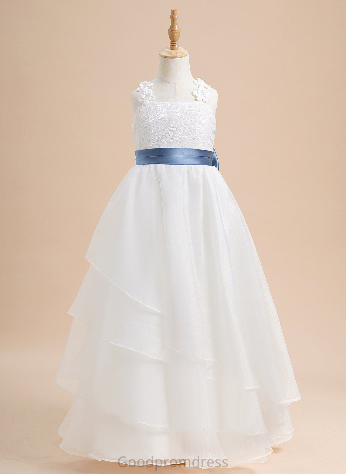 Sleeveless Flower With - Organza Flower Girl Dresses Dress Ball-Gown/Princess Neckline Lace/Sash/Beading/Flower(s)/Bow(s) Floor-length Square Girl Kristen