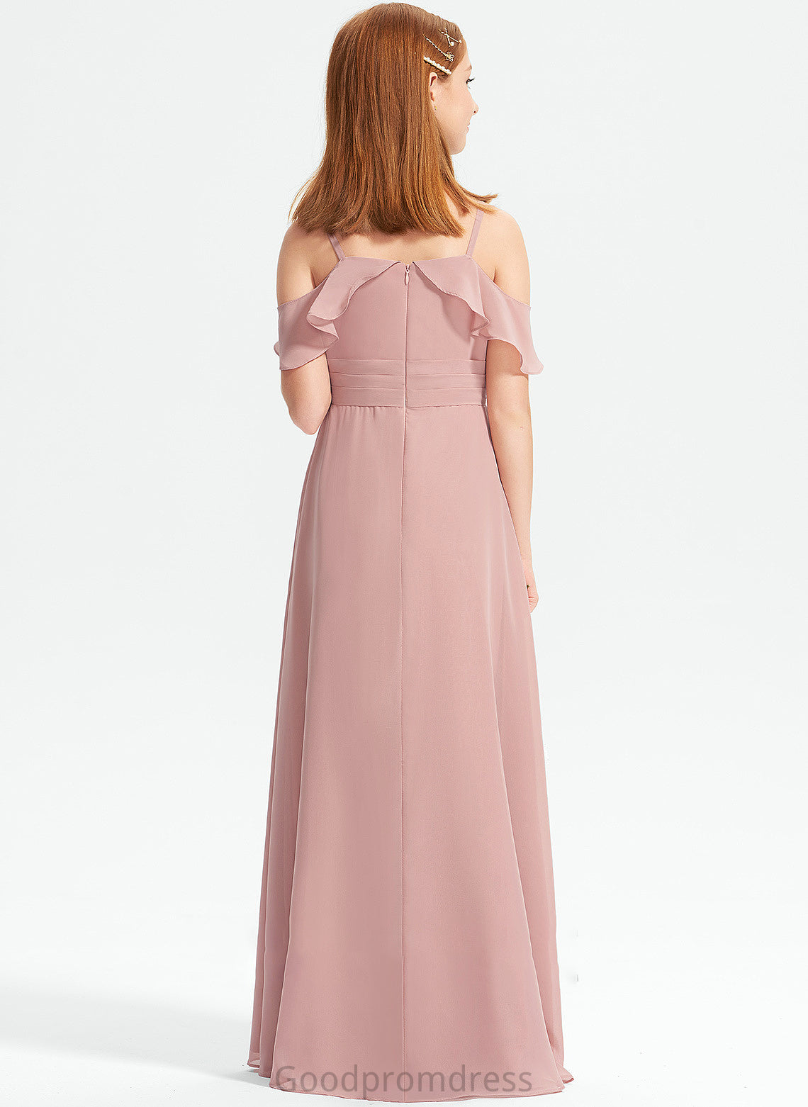 Chiffon Off-the-Shoulder With Ruffles Marin Floor-Length Cascading A-Line Junior Bridesmaid Dresses