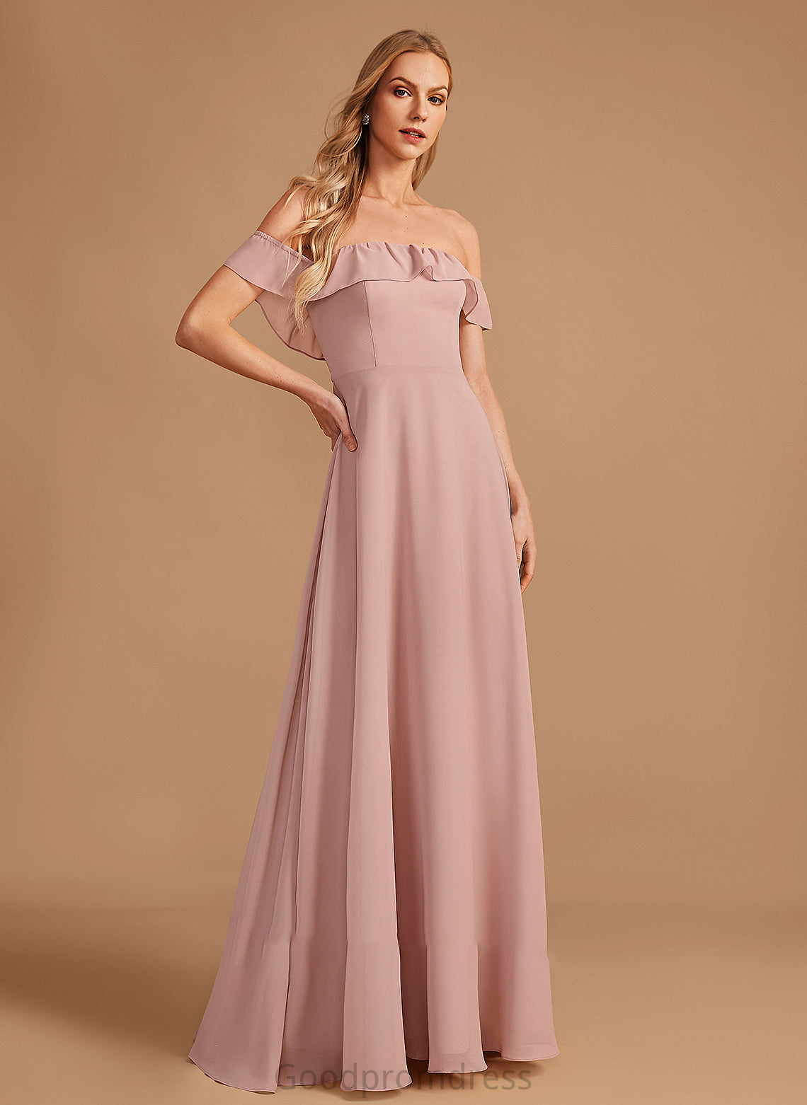 A-Line Neckline Floor-Length Silhouette Off-the-Shoulder Embellishment Ruffle Fabric Length Shyanne A-Line/Princess Sleeveless Bridesmaid Dresses