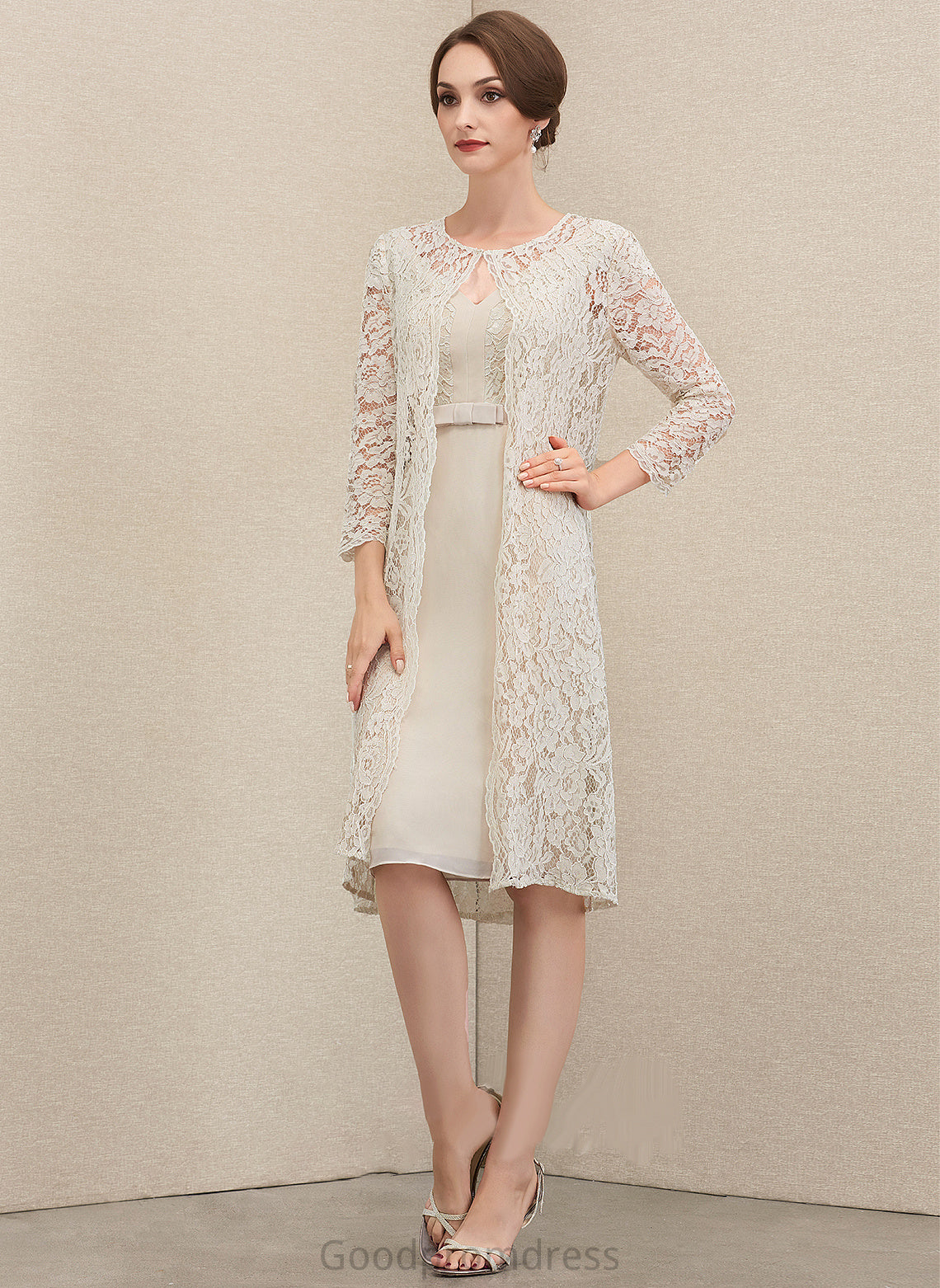 the Bow(s) Mother of the Bride Dresses Bride of With Mother Chiffon Martina Knee-Length Lace Dress Sheath/Column V-neck