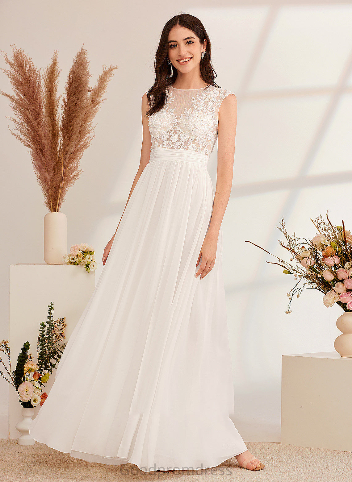 Front Illusion Cheryl A-Line Wedding Dresses Split Dress Wedding Beading Floor-Length With