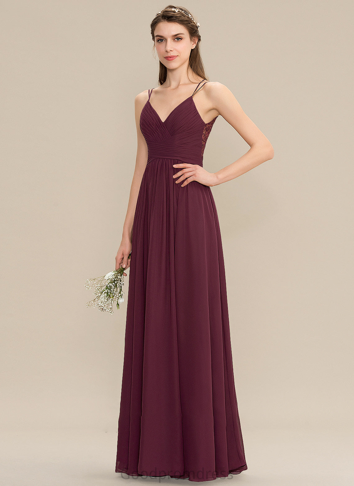 Lace With Prom Dresses A-Line V-neck Chiffon Floor-Length Ruffle Claudia