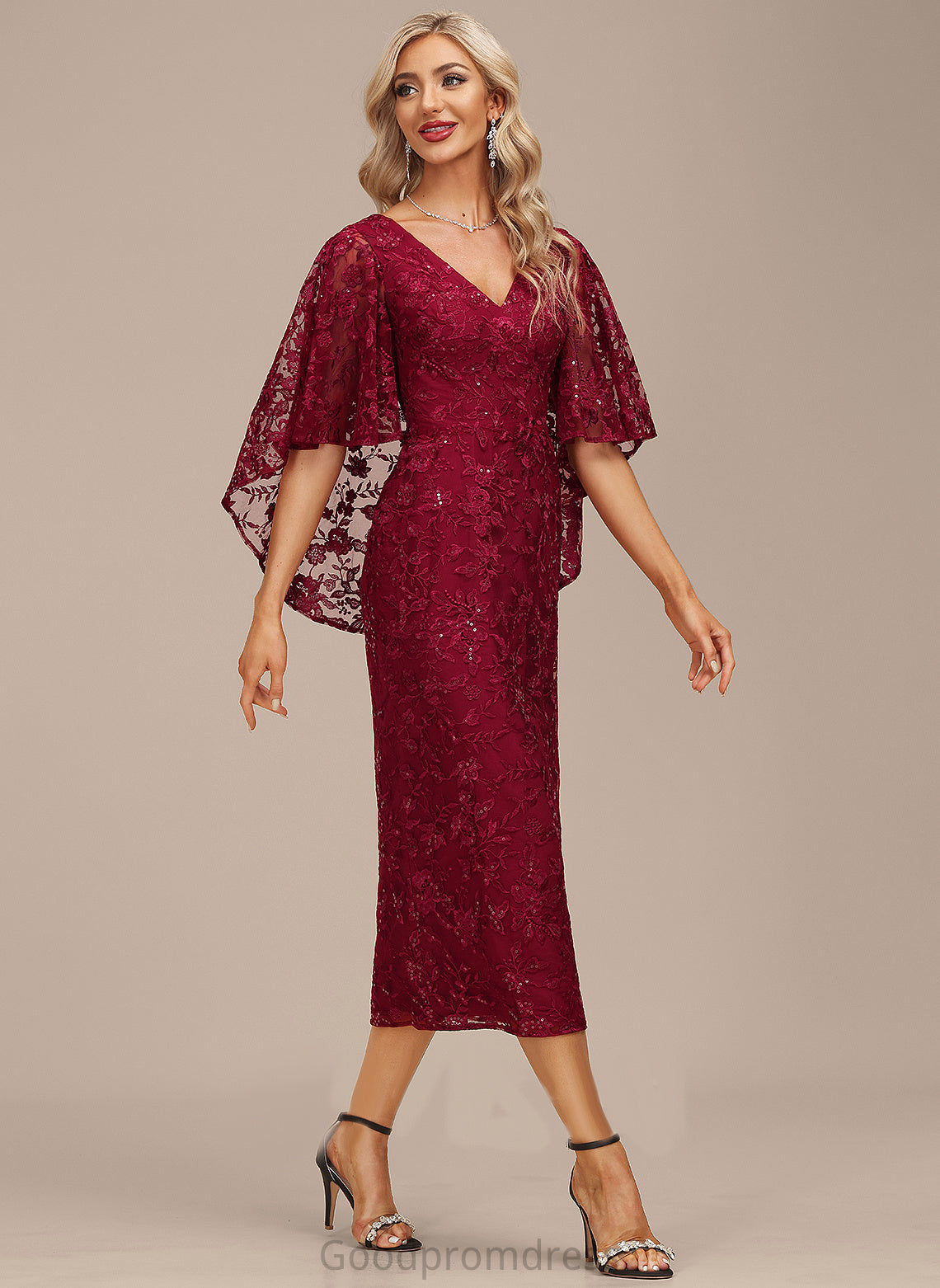 Madalynn Dress With Cocktail Dresses Cocktail Lace Sheath/Column Tea-Length V-neck Sequins