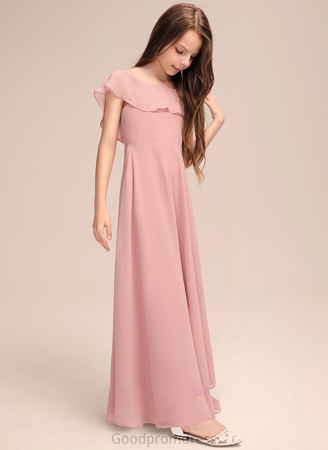 Floor-Length Scoop Mabel With Neck Cascading Junior Bridesmaid Dresses A-Line Ruffles Chiffon