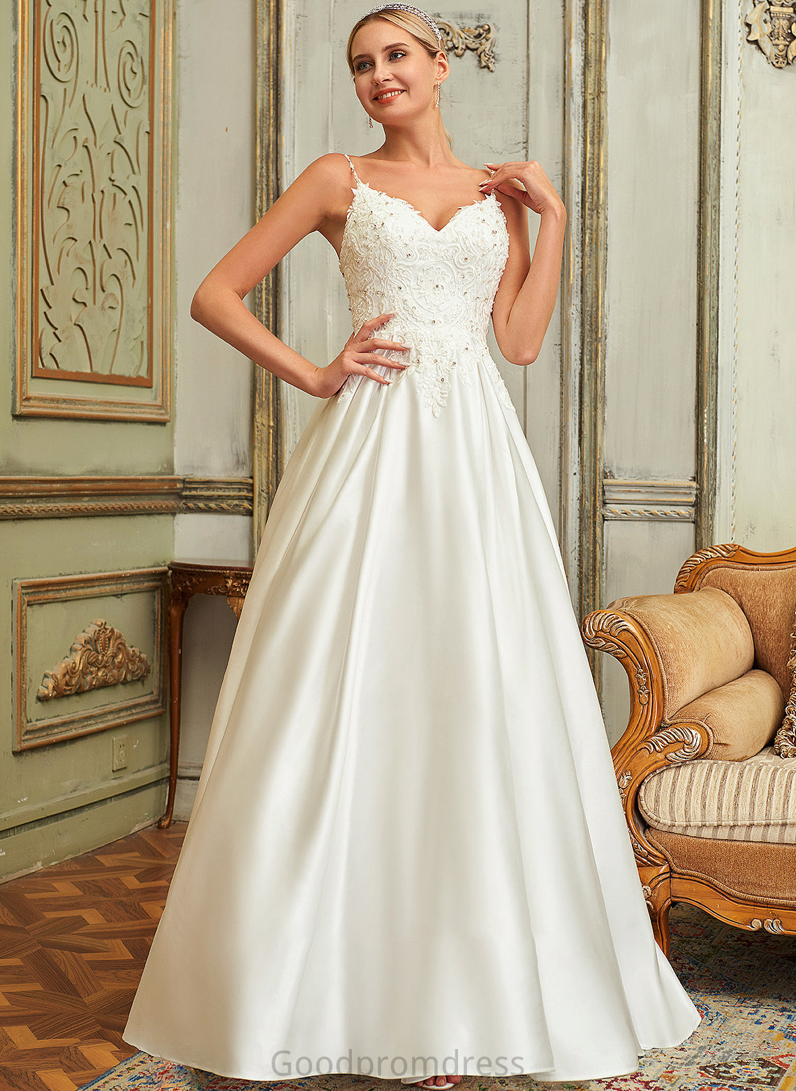 Lace Wedding Dresses Pockets With Satin Train V-neck Lace Sweep Ball-Gown/Princess Sequins Kenley Beading Dress Wedding