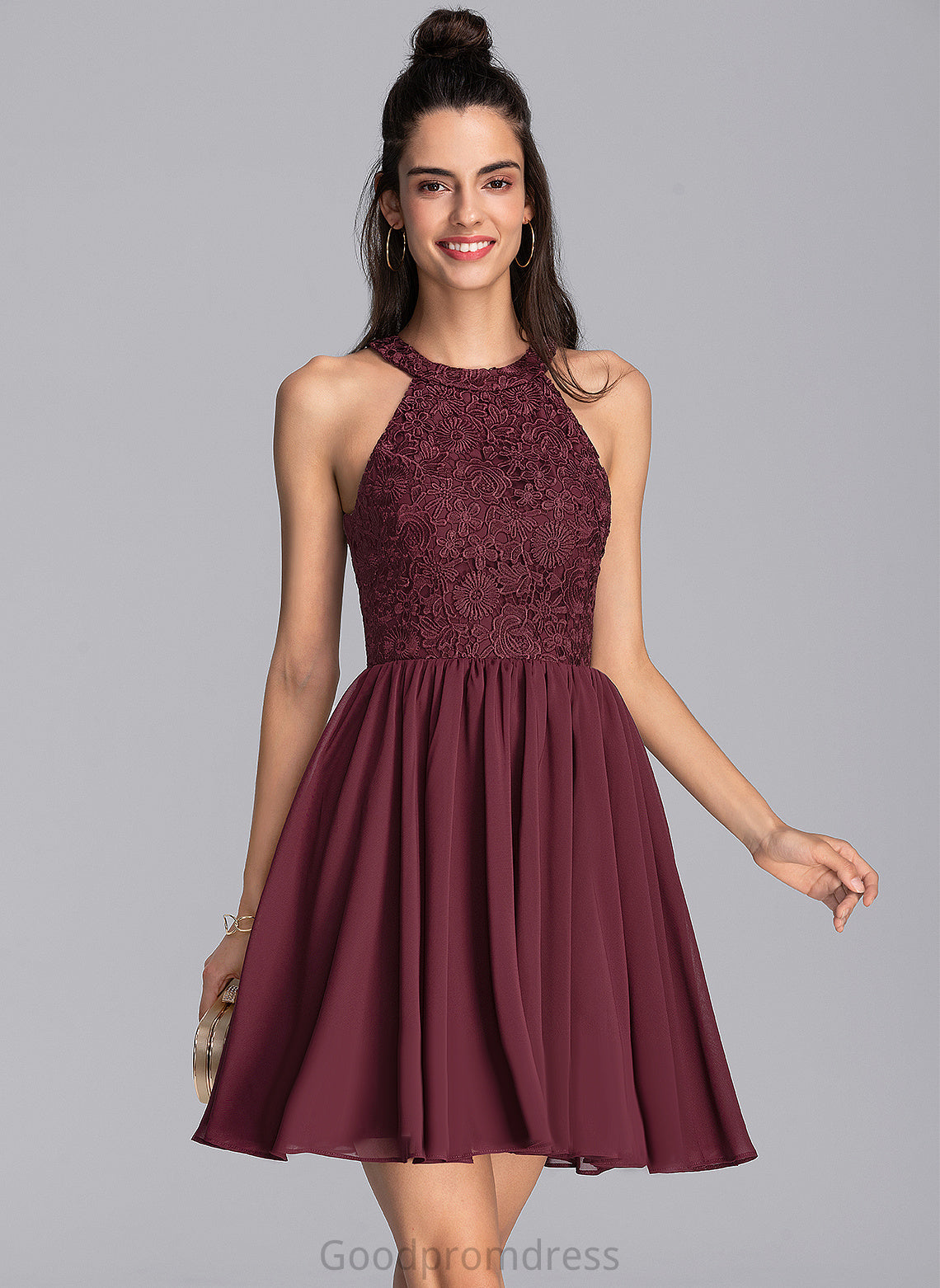 Amanda Cocktail Dresses Chiffon With Neck Short/Mini A-Line Lace Dress Lace Cocktail Scoop