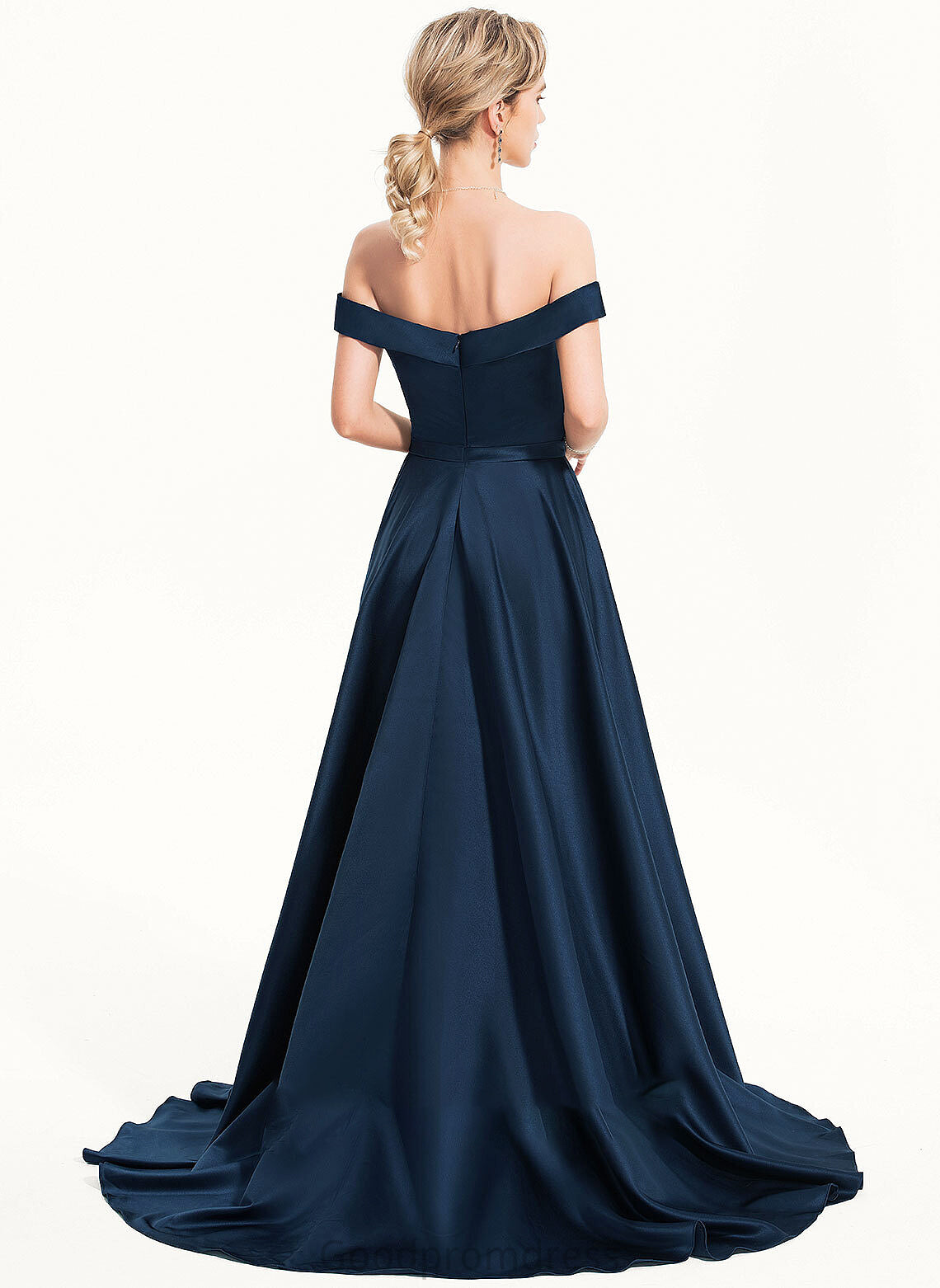 A-Line Prom Dresses With Satin Sweep Train Off-the-Shoulder Pockets Aria