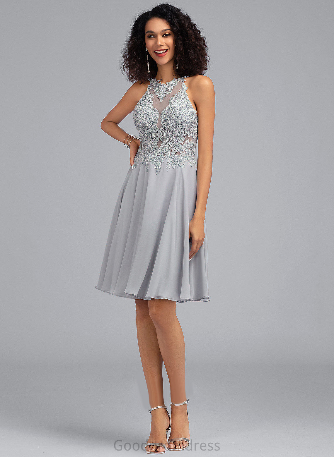 Chiffon Sequins Knee-Length Scoop A-Line With Sidney Prom Dresses Lace