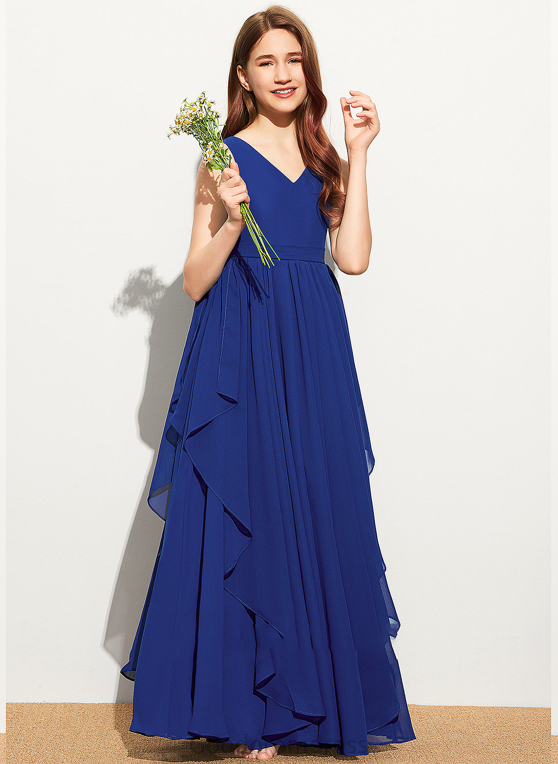 Elyse Junior Bridesmaid Dresses Floor-Length Cascading Ruffles With Chiffon V-neck A-Line