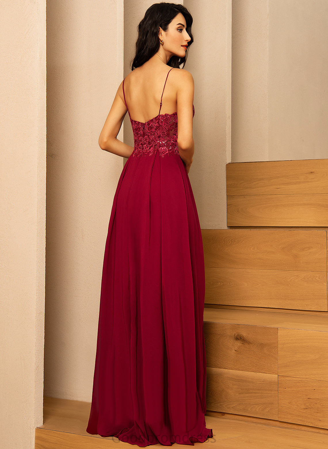 Riley Prom Dresses A-Line V-neck With Sequins Floor-Length Chiffon Lace