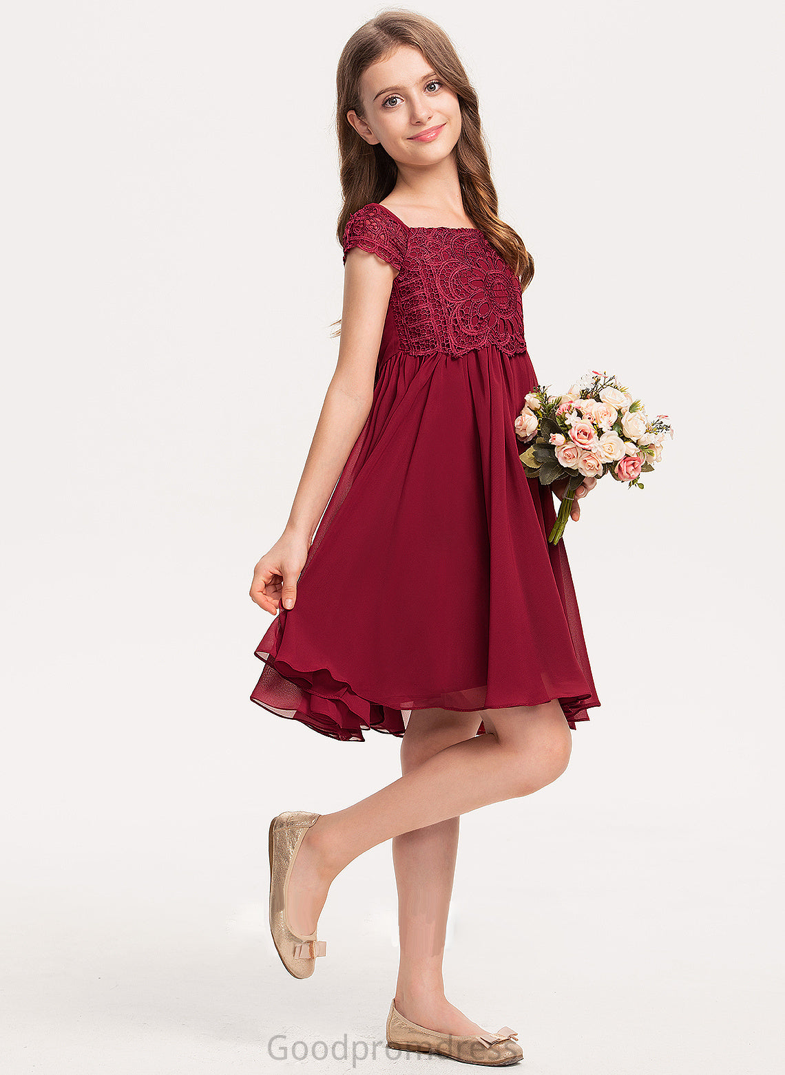 Lace A-Line Bow(s) Julie Junior Bridesmaid Dresses With Knee-Length Chiffon Off-the-Shoulder