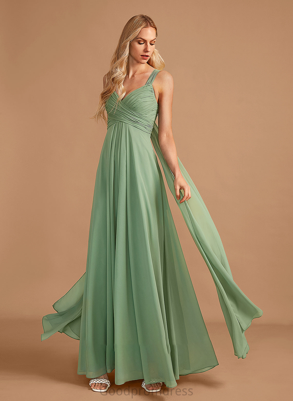 Length Embellishment V-neck A-Line Floor-Length Ruffle Neckline Silhouette Fabric Jillian Bridesmaid Dresses