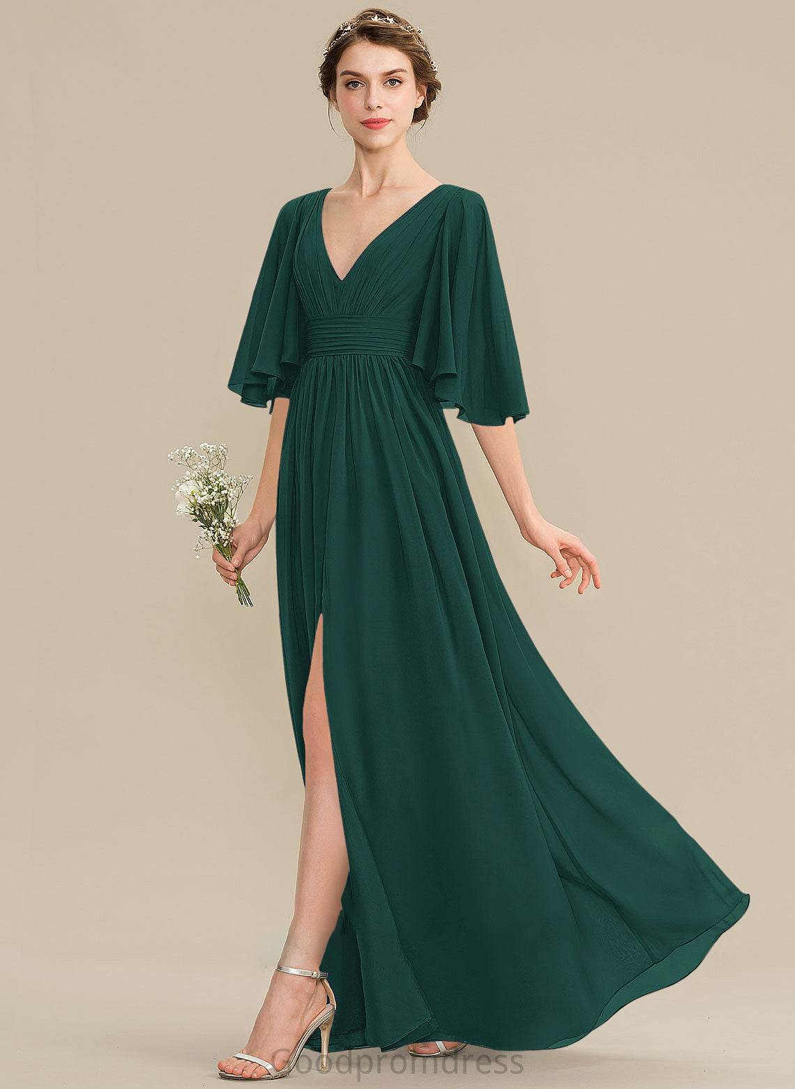 Neckline Fabric V-neck Embellishment Bow(s) Length Silhouette Floor-Length SplitFront A-Line Ruffle Rebekah Bridesmaid Dresses