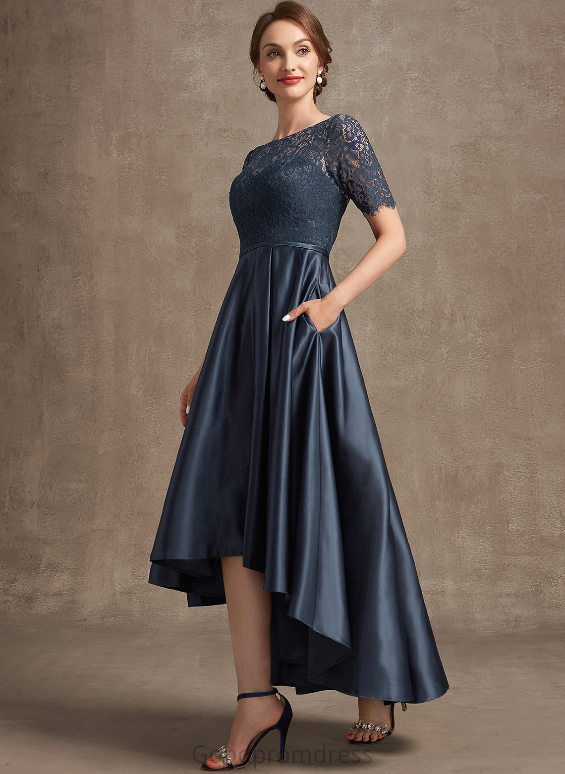 Scoop Asymmetrical Dress Neck Mother of the Bride Dresses Miya A-Line the Bride Lace Satin of Mother