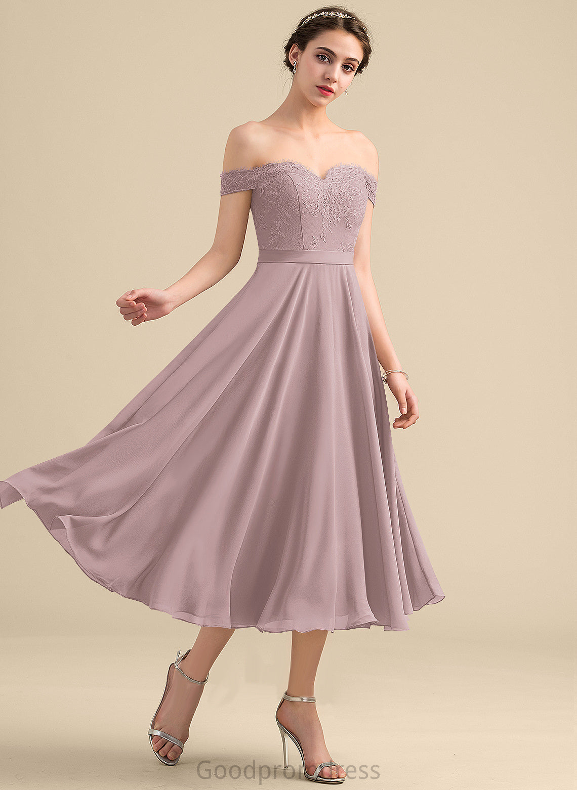 Homecoming Beading Lace With Dress Ellen Homecoming Dresses Tea-Length Chiffon Off-the-Shoulder A-Line