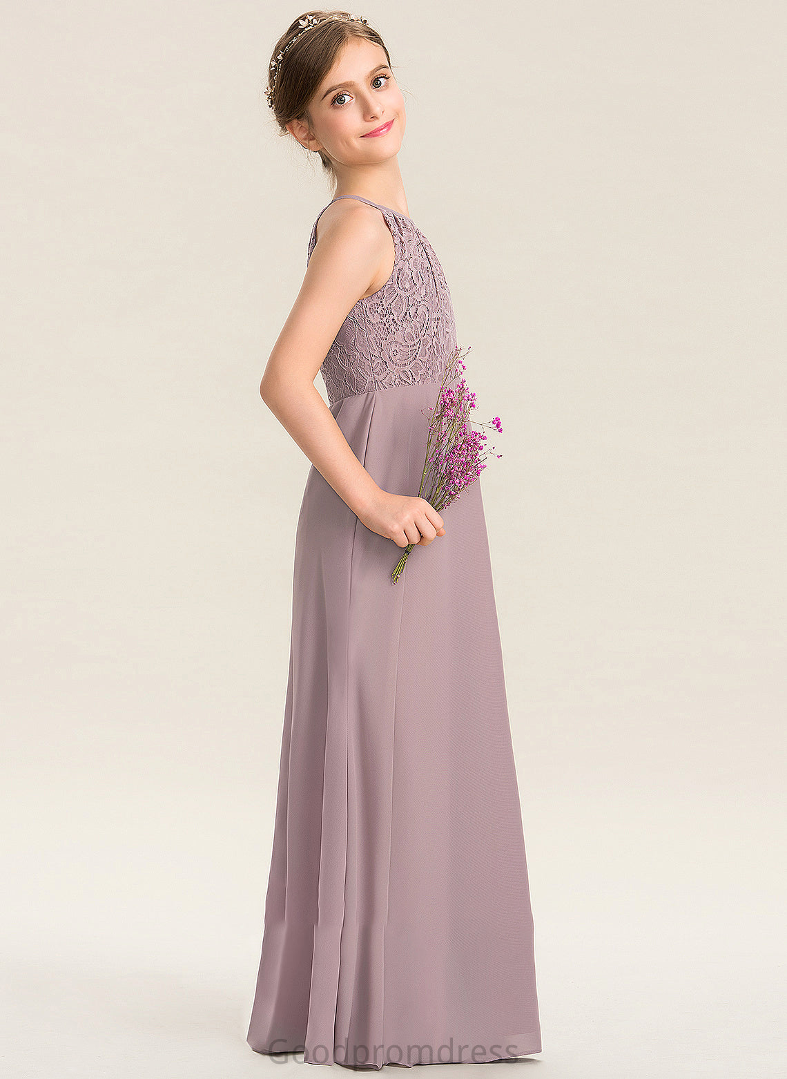 Junior Bridesmaid Dresses Thalia A-LineScoopNeckFloor-LengthChiffonLaceJuniorBridesmaidDressWithRuffle#173272