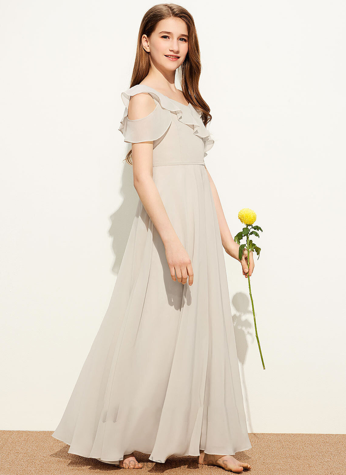 Floor-Length Ruffles A-Line Yazmin Cascading V-neck Junior Bridesmaid Dresses With Chiffon