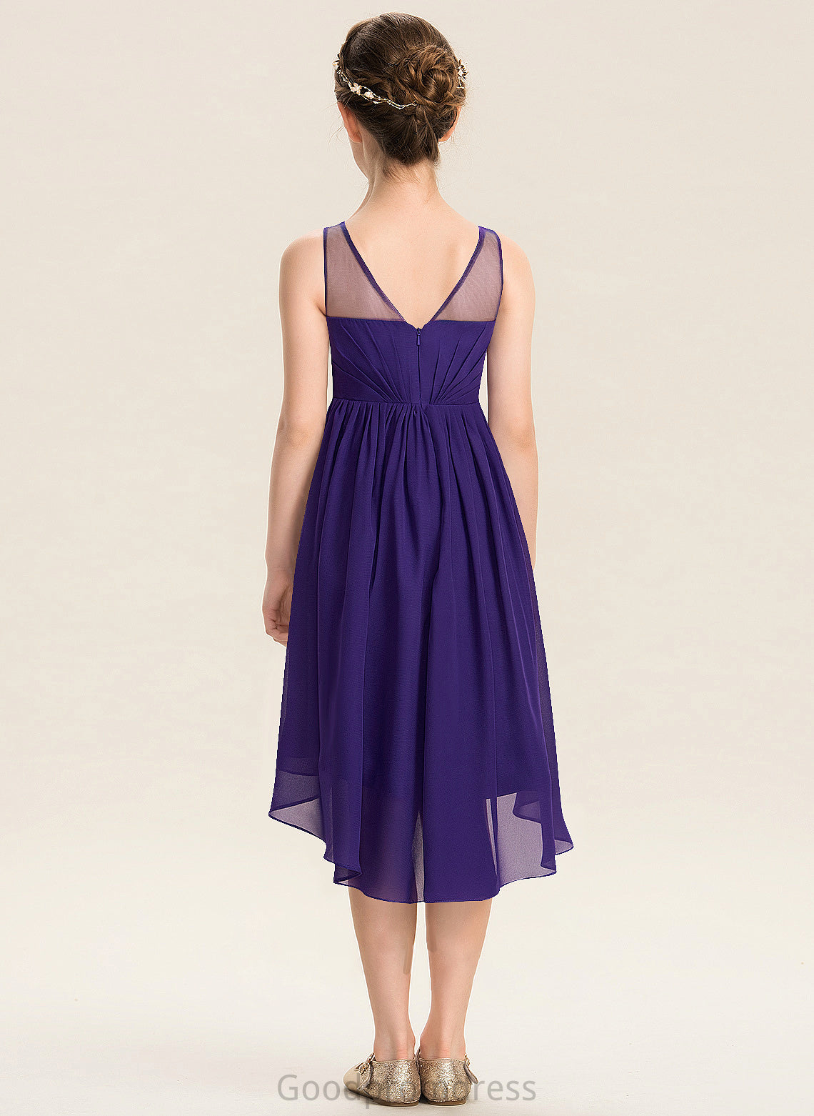 Scoop Ruffle A-Line Skye Chiffon Neck With Asymmetrical Junior Bridesmaid Dresses