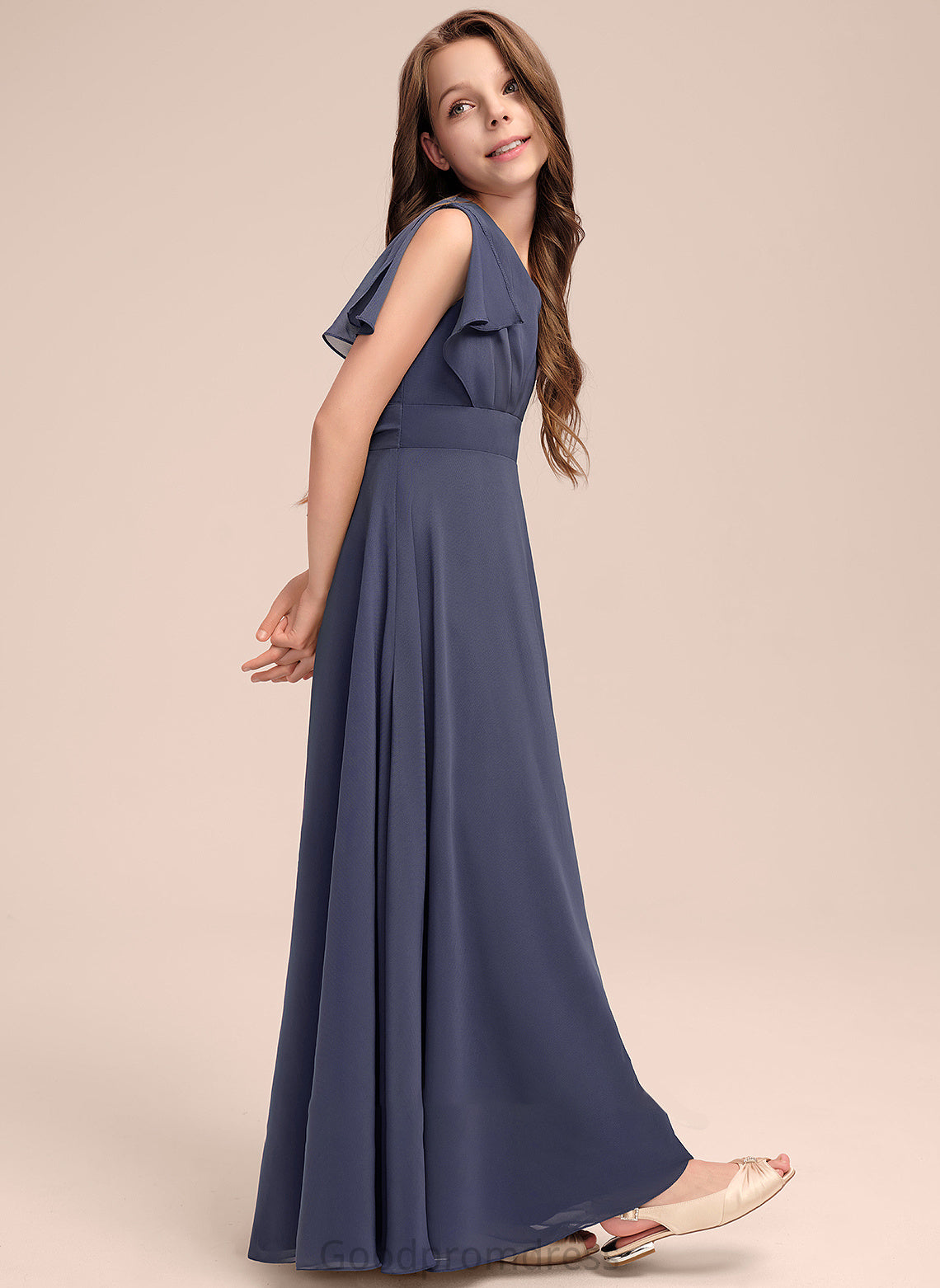 Floor-Length Abigail V-neck Chiffon A-Line Bow(s) Ruffle With Junior Bridesmaid Dresses