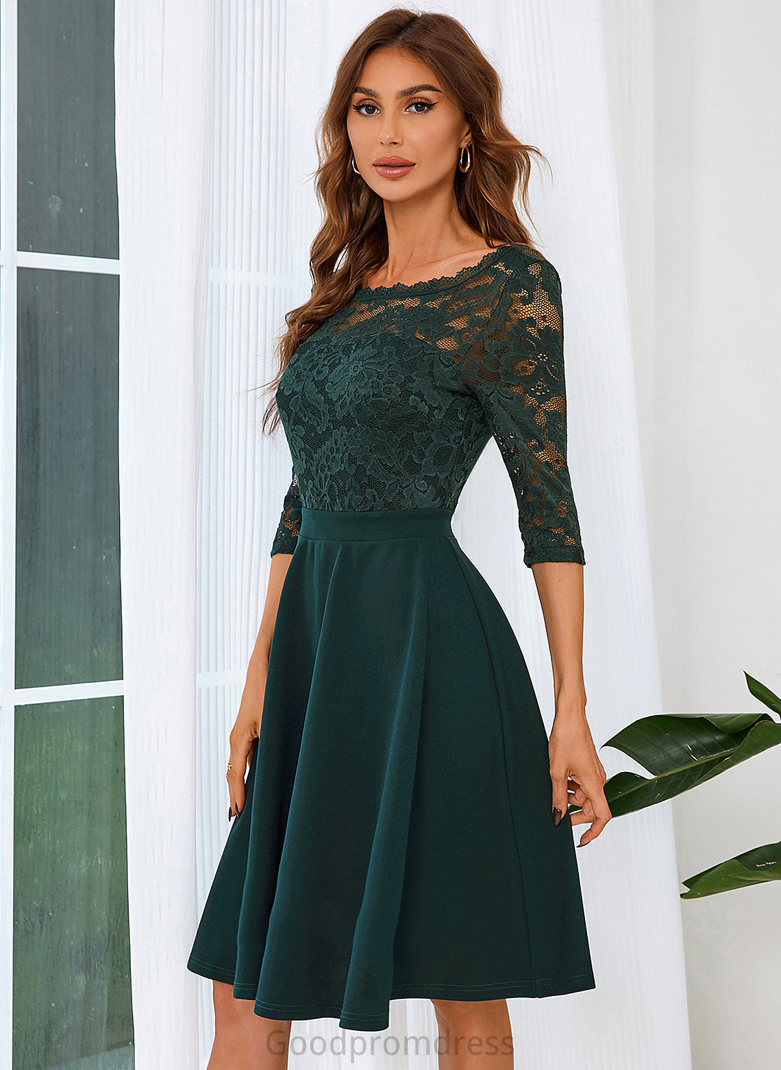 Lace Melany Round A-line Dresses Mini Cotton Blends Club Dresses Neck Elegant Sleeves 3/4