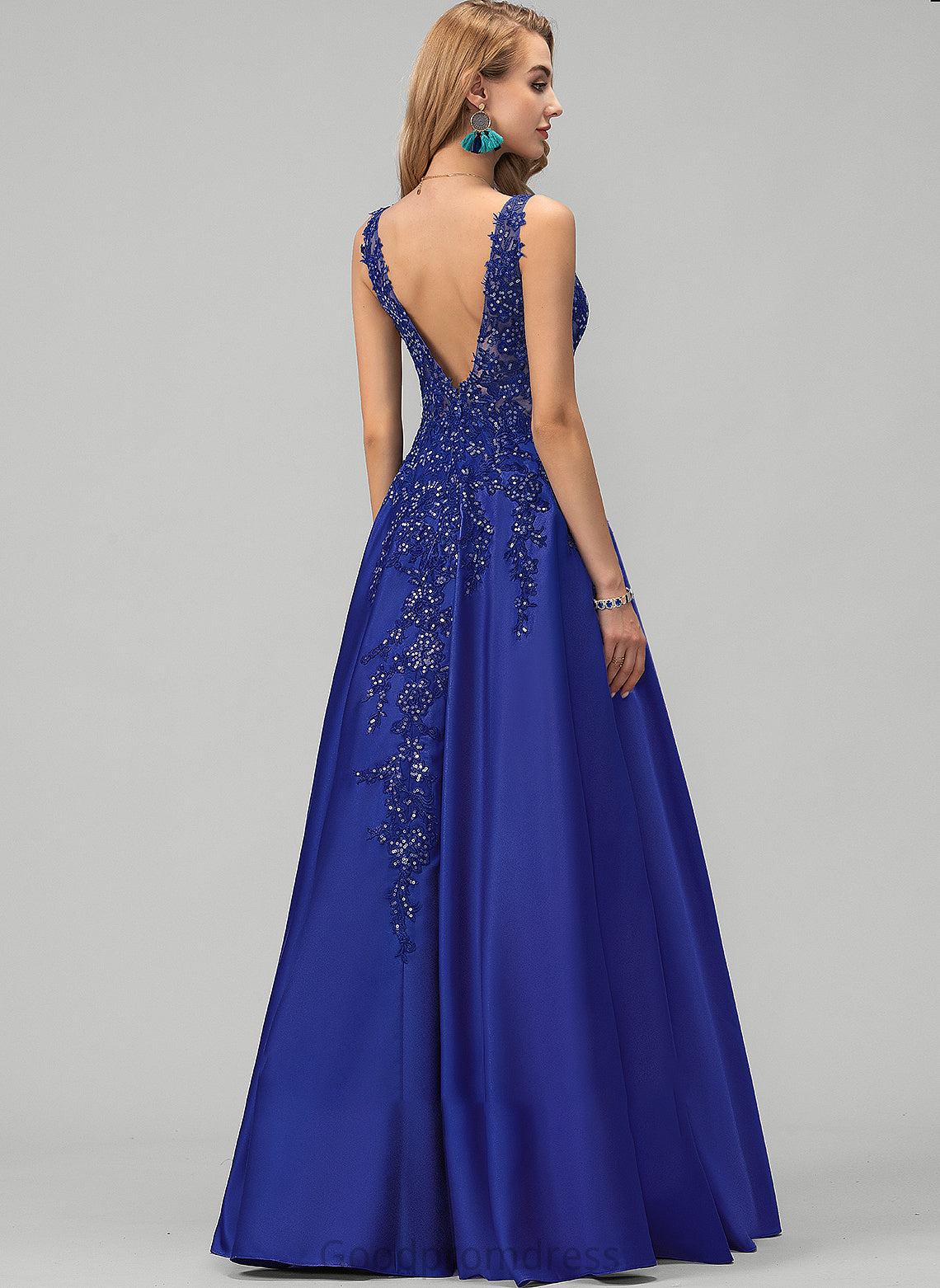 Prom Dresses A-Line Satin With Esmeralda Lace Floor-Length V-neck Sequins