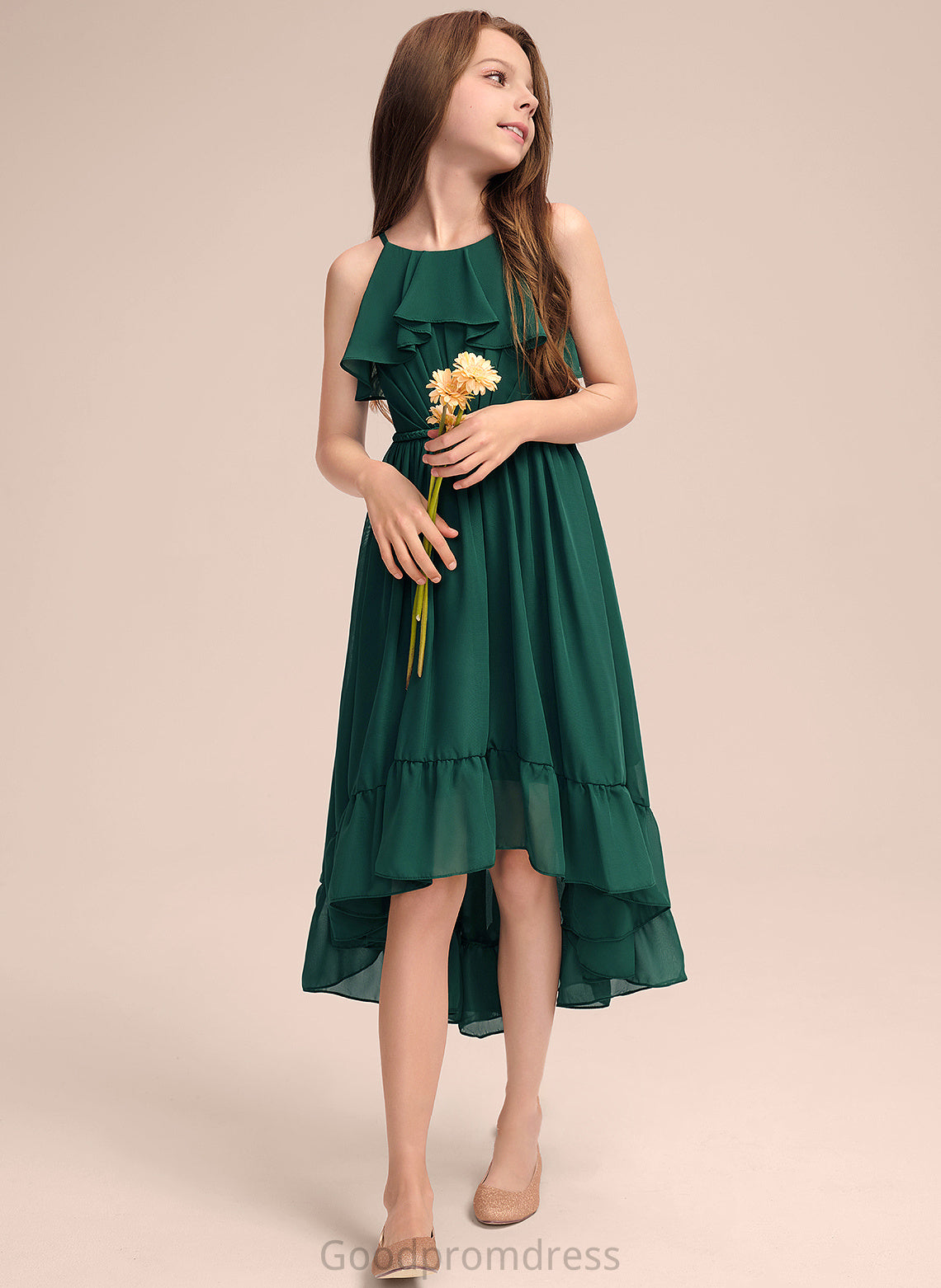 Chiffon Selena Scoop Ruffles Neck Asymmetrical With Cascading A-Line Junior Bridesmaid Dresses