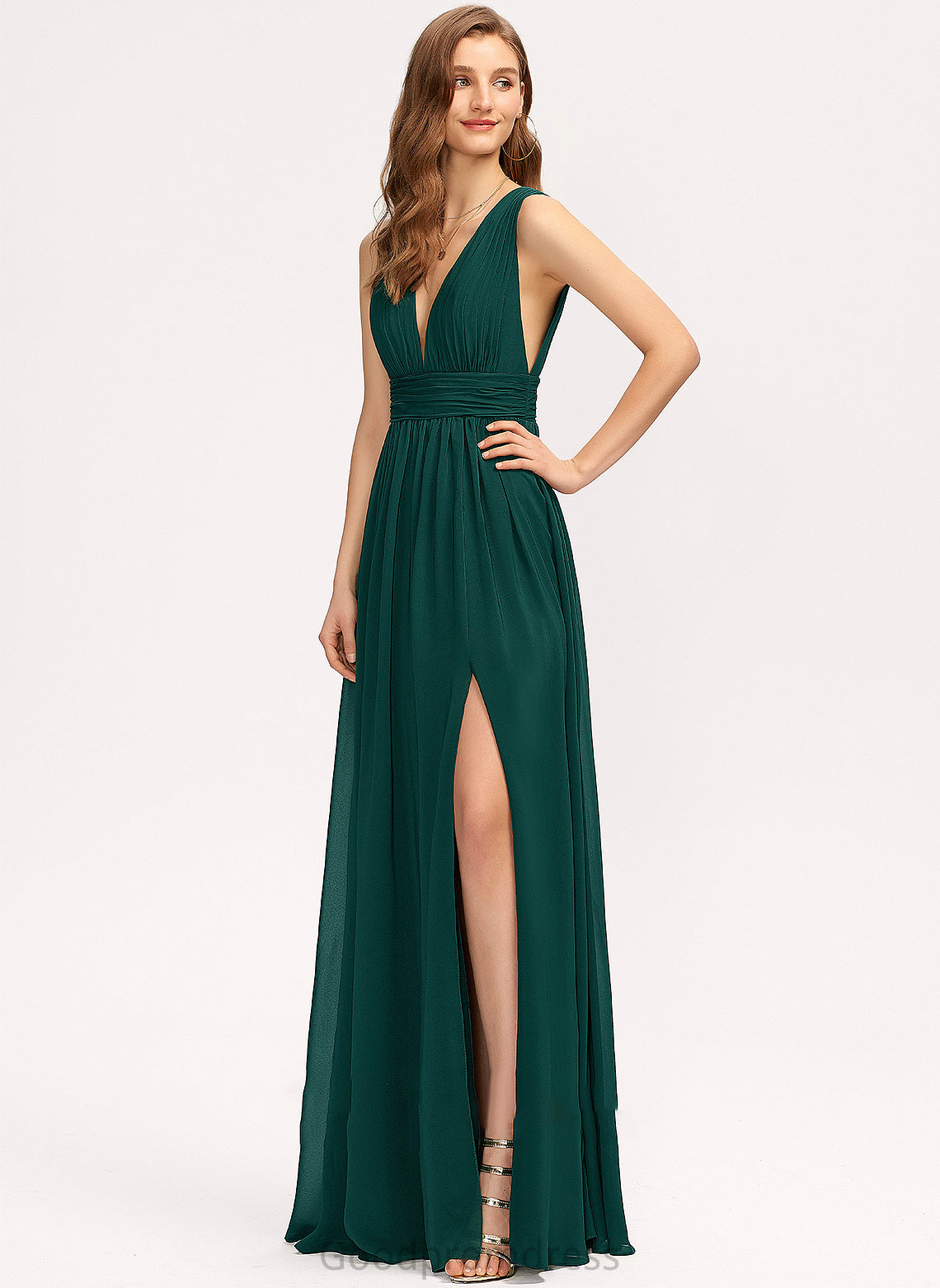 With A-Line Split Front Floor-Length V-neck Chiffon Josie Prom Dresses