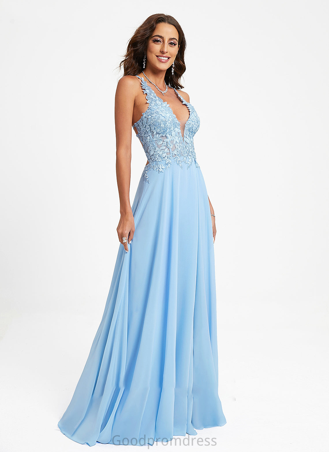 V-neck Prom Dresses Chiffon With Meadow A-Line Lace Floor-Length