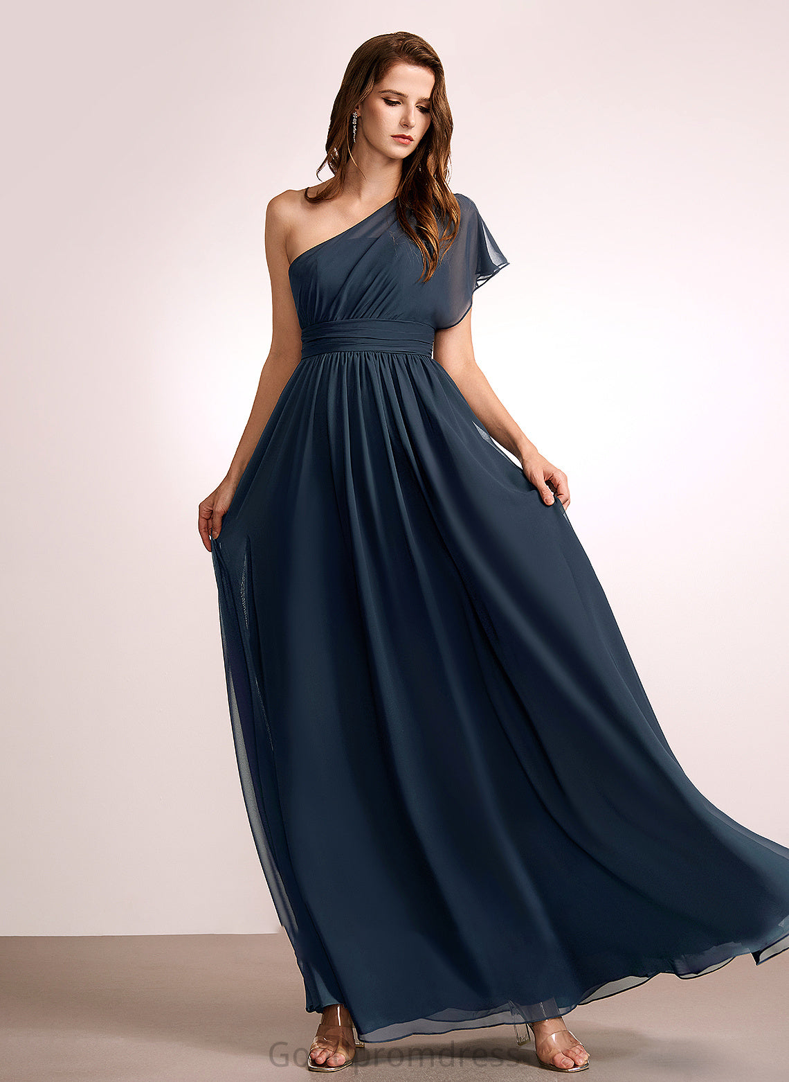 Embellishment Length Floor-Length A-Line Ruffle Fabric Silhouette One-Shoulder Neckline Amy Natural Waist Floor Length Bridesmaid Dresses