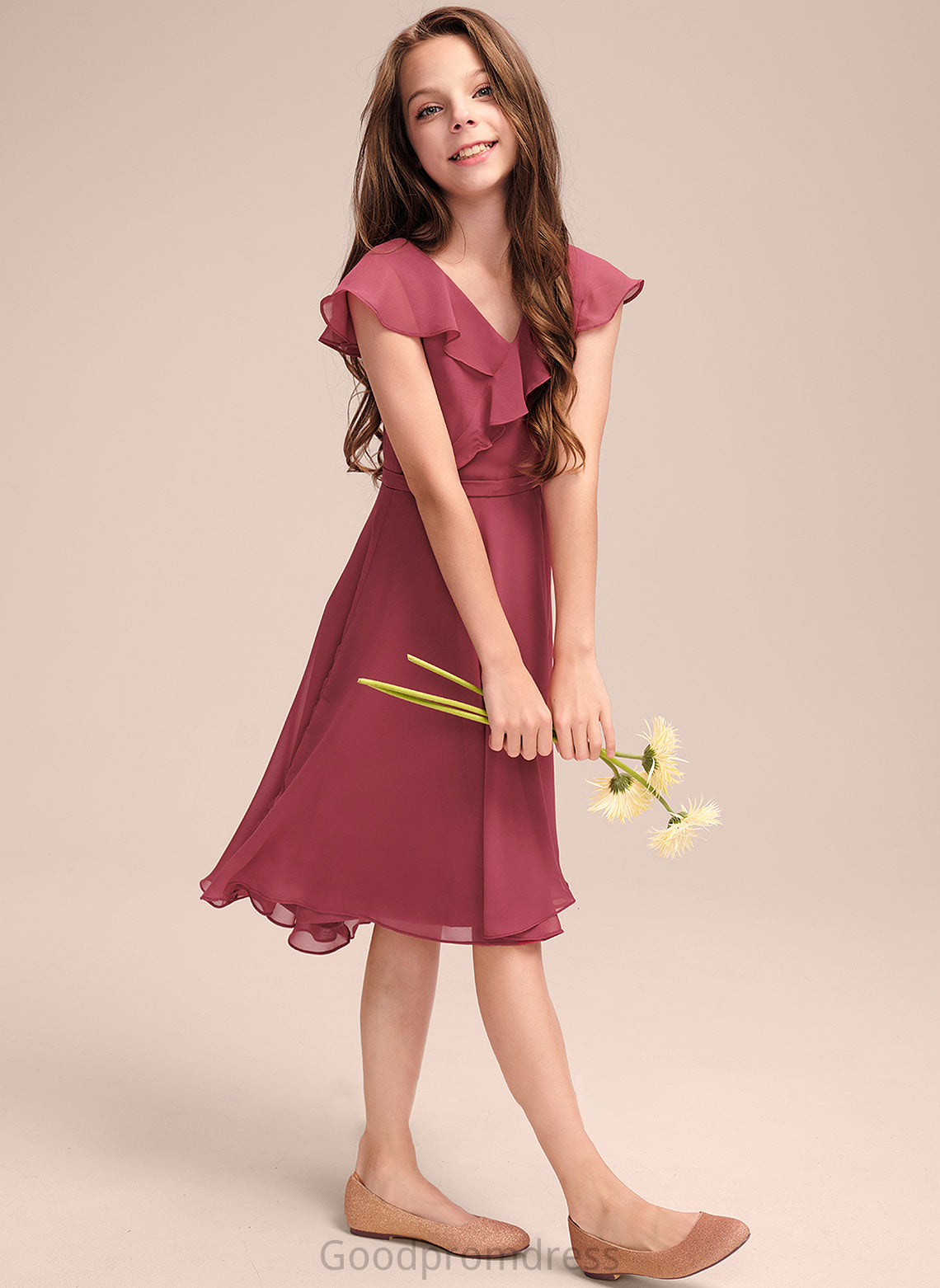 Yaretzi Ruffles Cascading A-Line With Junior Bridesmaid Dresses Asymmetrical Chiffon V-neck