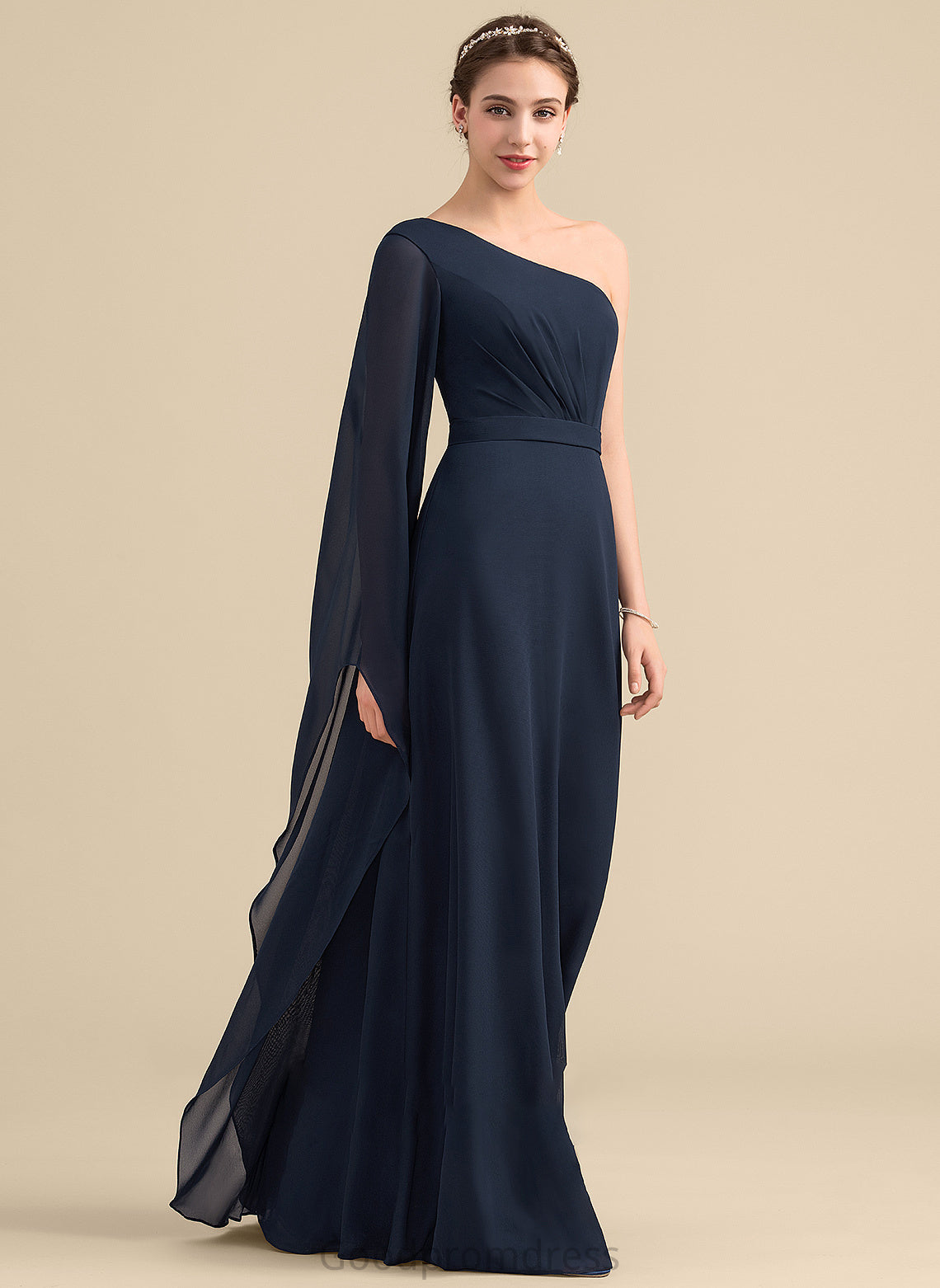 Length A-Line Fabric Embellishment Neckline Ruffle One-Shoulder Floor-Length Silhouette Skyler Sleeveless Empire Waist Bridesmaid Dresses