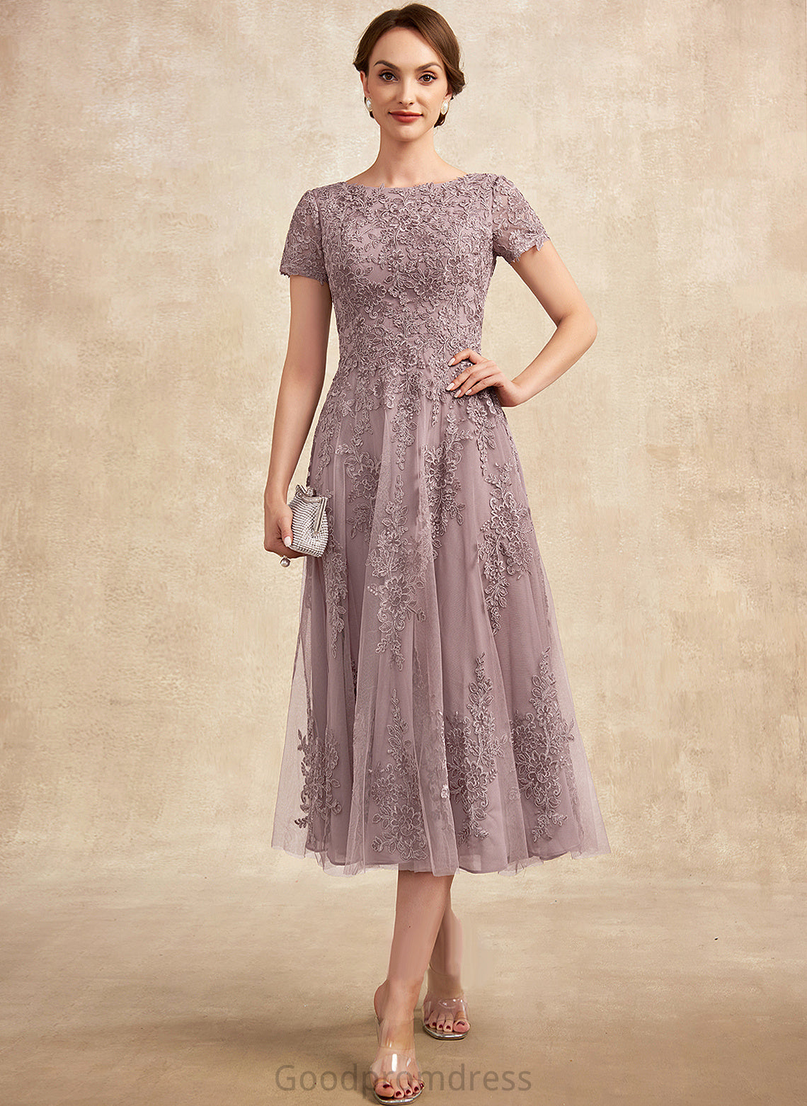 Sahna Neck Mother A-Line Lace Scoop Dress Bride Tea-Length Tulle of the Mother of the Bride Dresses