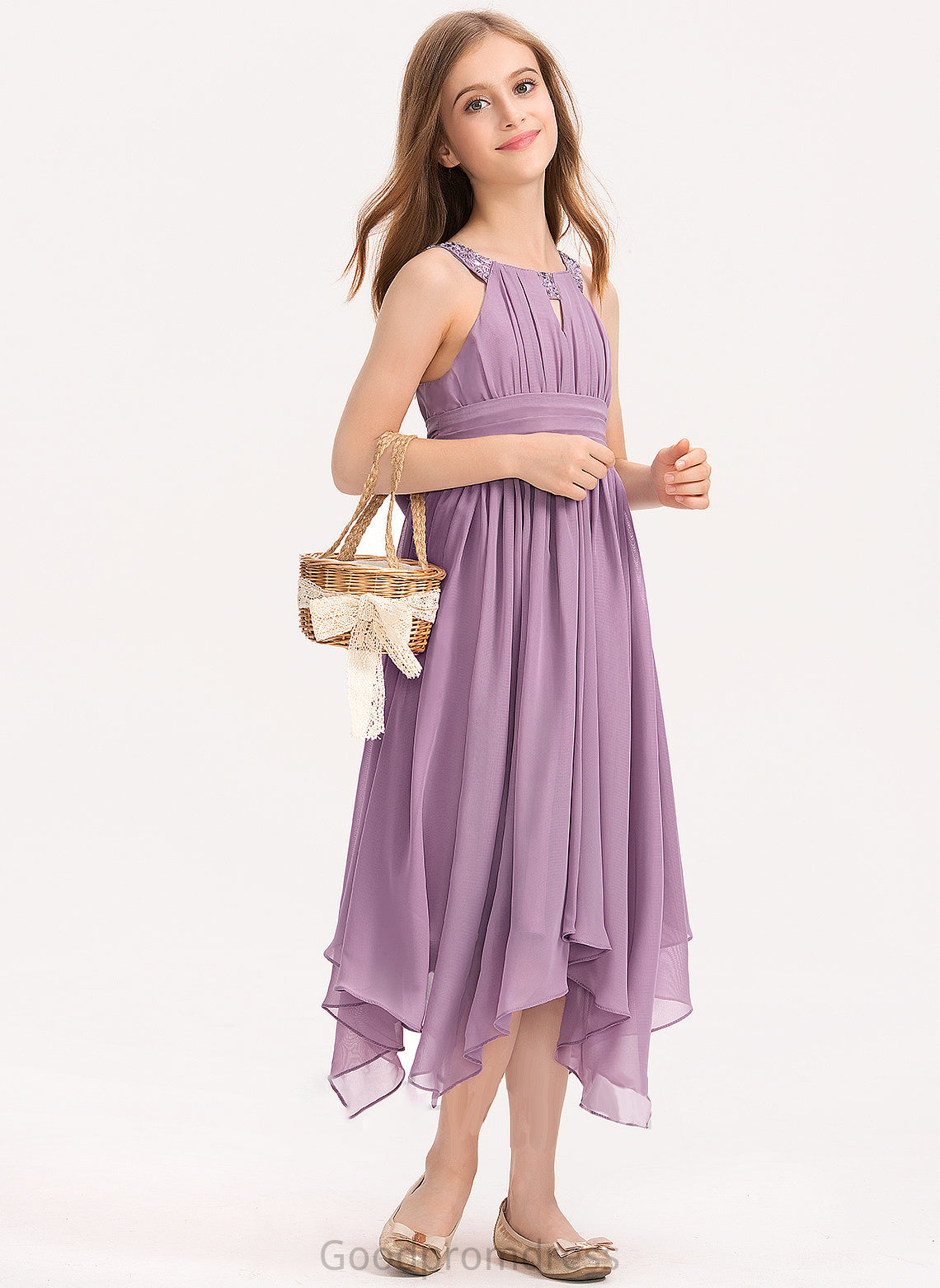 Ruffle Chiffon A-Line Beading With Junior Bridesmaid Dresses Neck Tea-Length Salma Scoop Bow(s)