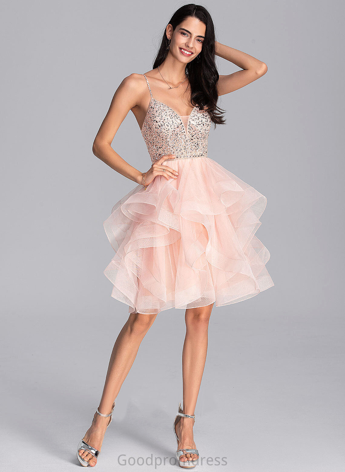 Knee-Length Beading V-neck With Tulle Phyllis Homecoming Dresses Dress Sequins Ball-Gown/Princess Homecoming