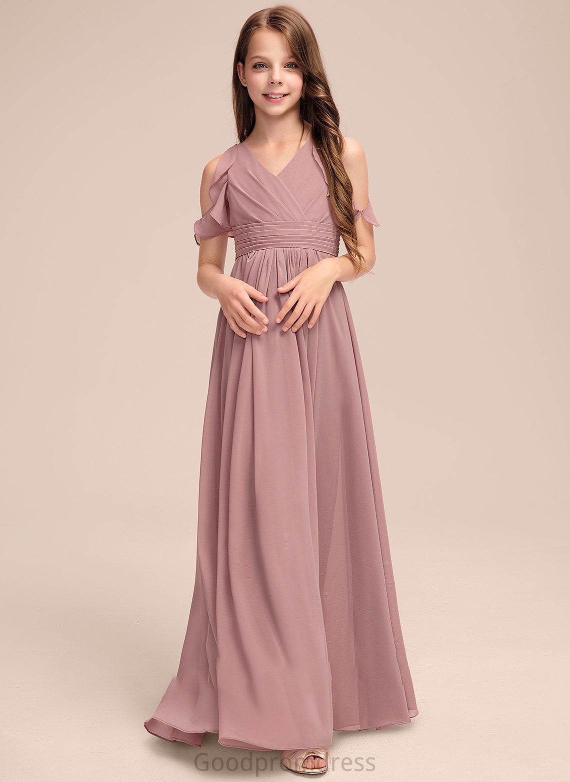 Junior Bridesmaid Dresses Floor-Length Cascading V-neck Christina Chiffon Ruffles With A-Line