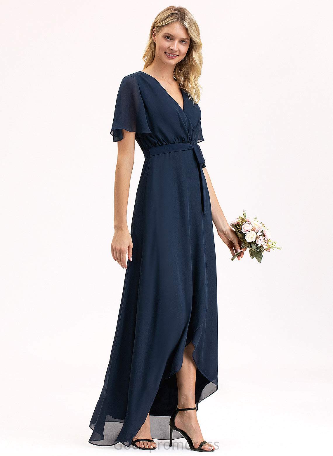 Fabric V-neck Silhouette A-Line Neckline Length Asymmetrical Bow(s) Embellishment Novia Sleeveless Floor Length Bridesmaid Dresses