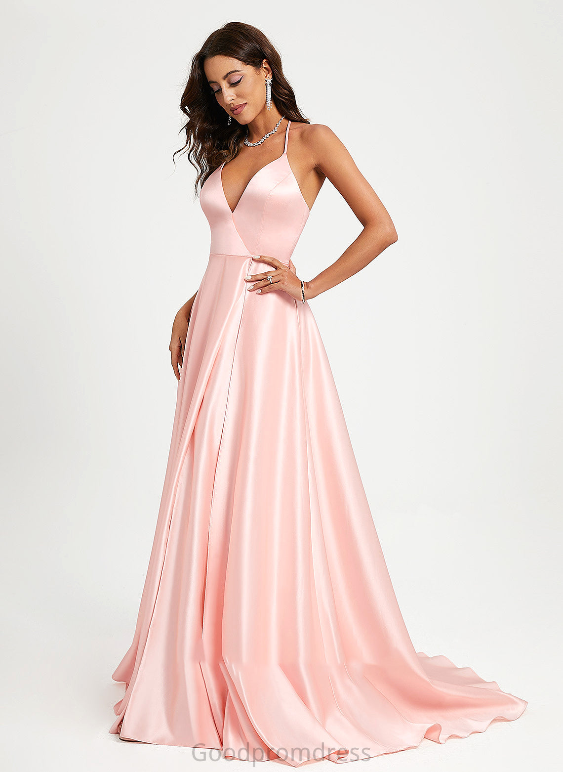 A-Line Prom Dresses V-neck Satin Kathryn Sweep Train