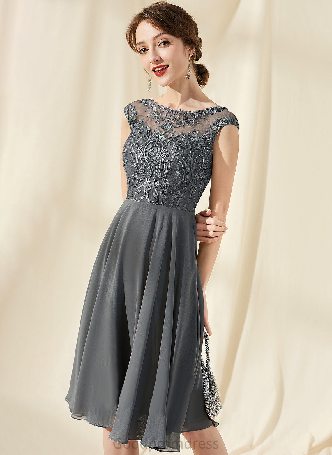 Dress Cocktail Dresses With A-Line Neck Sequins Raelynn Cocktail Knee-Length Lace Scoop Chiffon