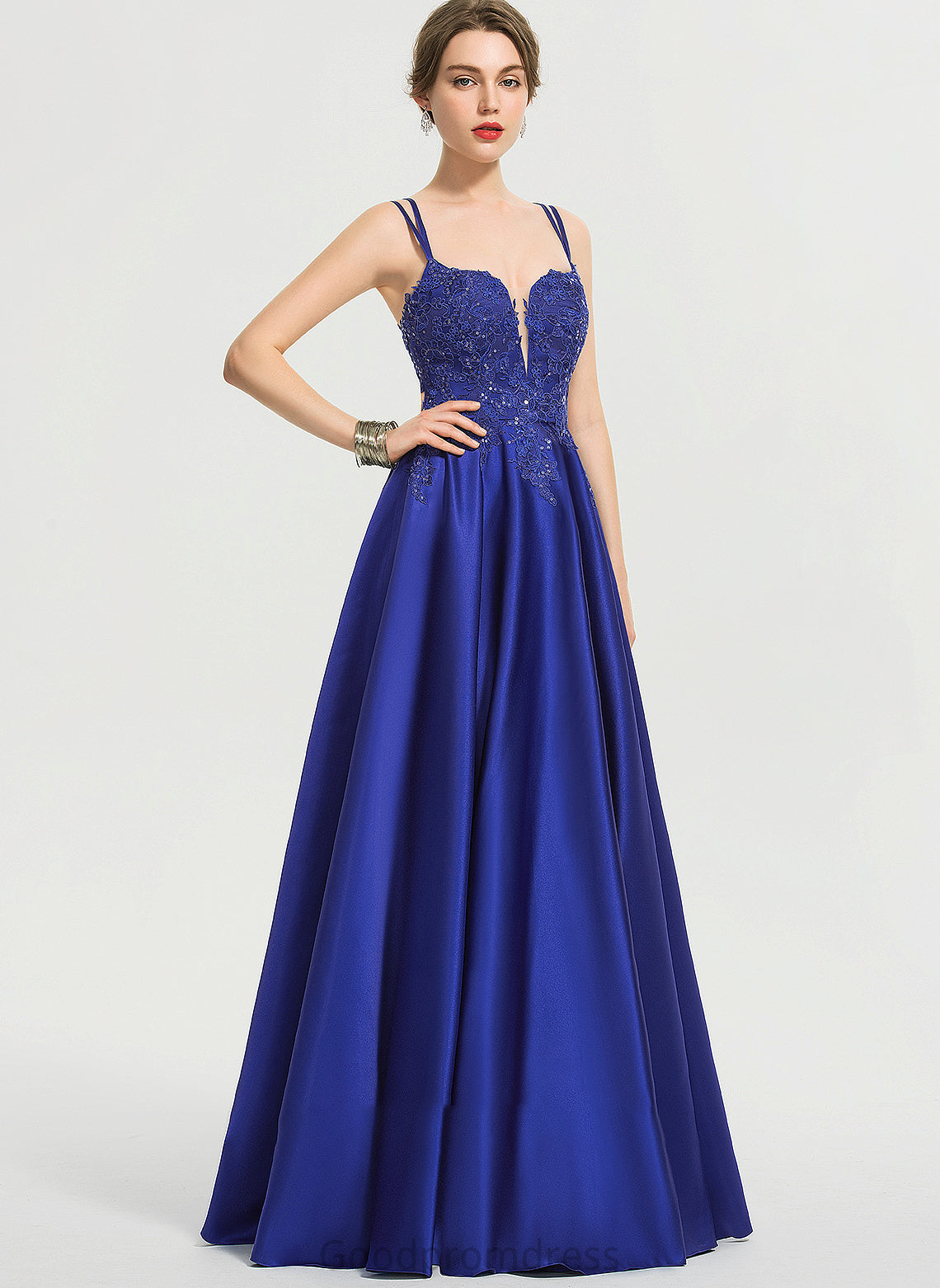 Front Satin V-neck Ball-Gown/Princess Sequins Mildred With Floor-Length Split Prom Dresses