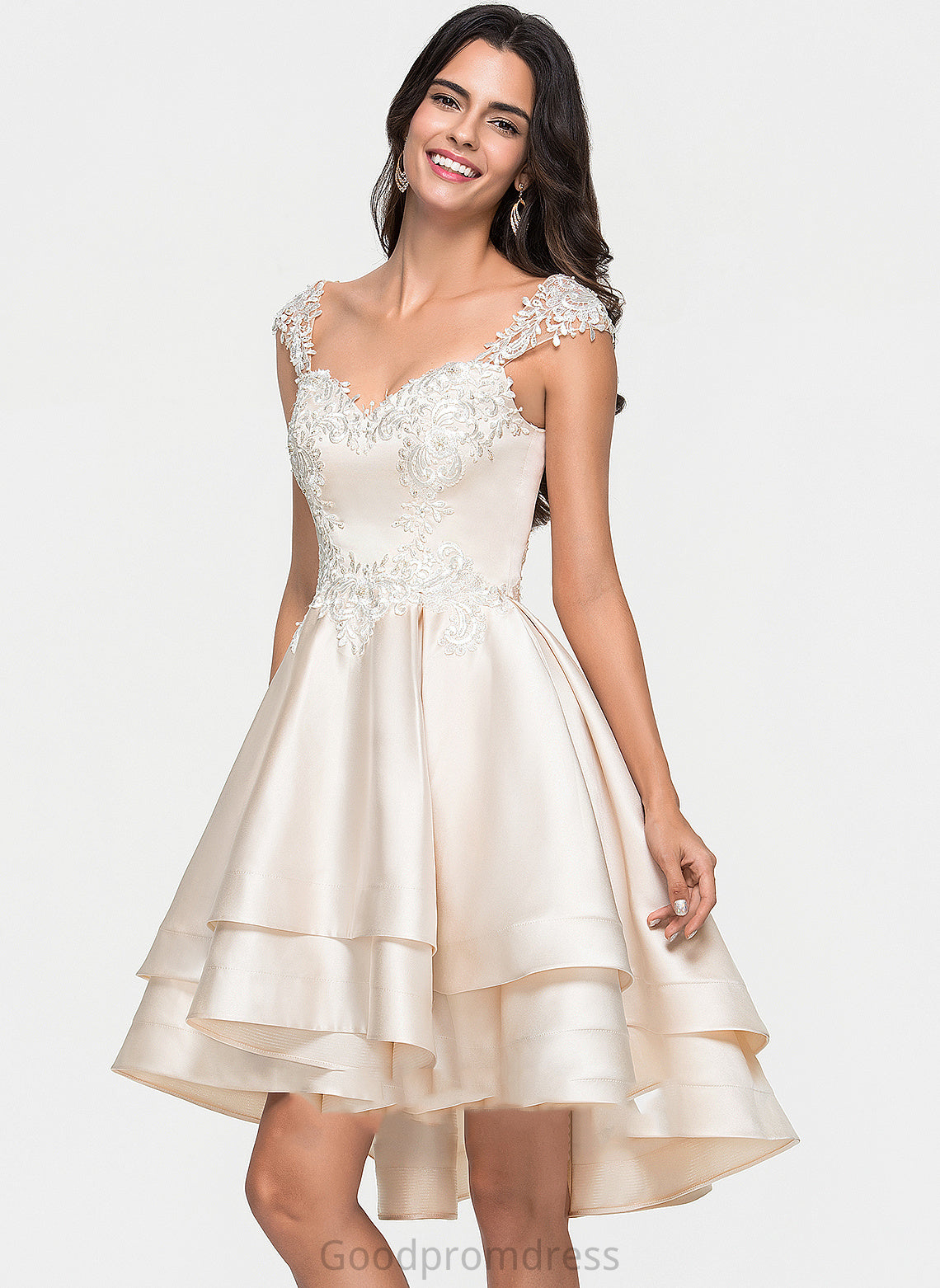 Satin Asymmetrical Lace Cascading With Homecoming Dresses Dress Quintina Ruffles Beading Homecoming Sweetheart A-Line