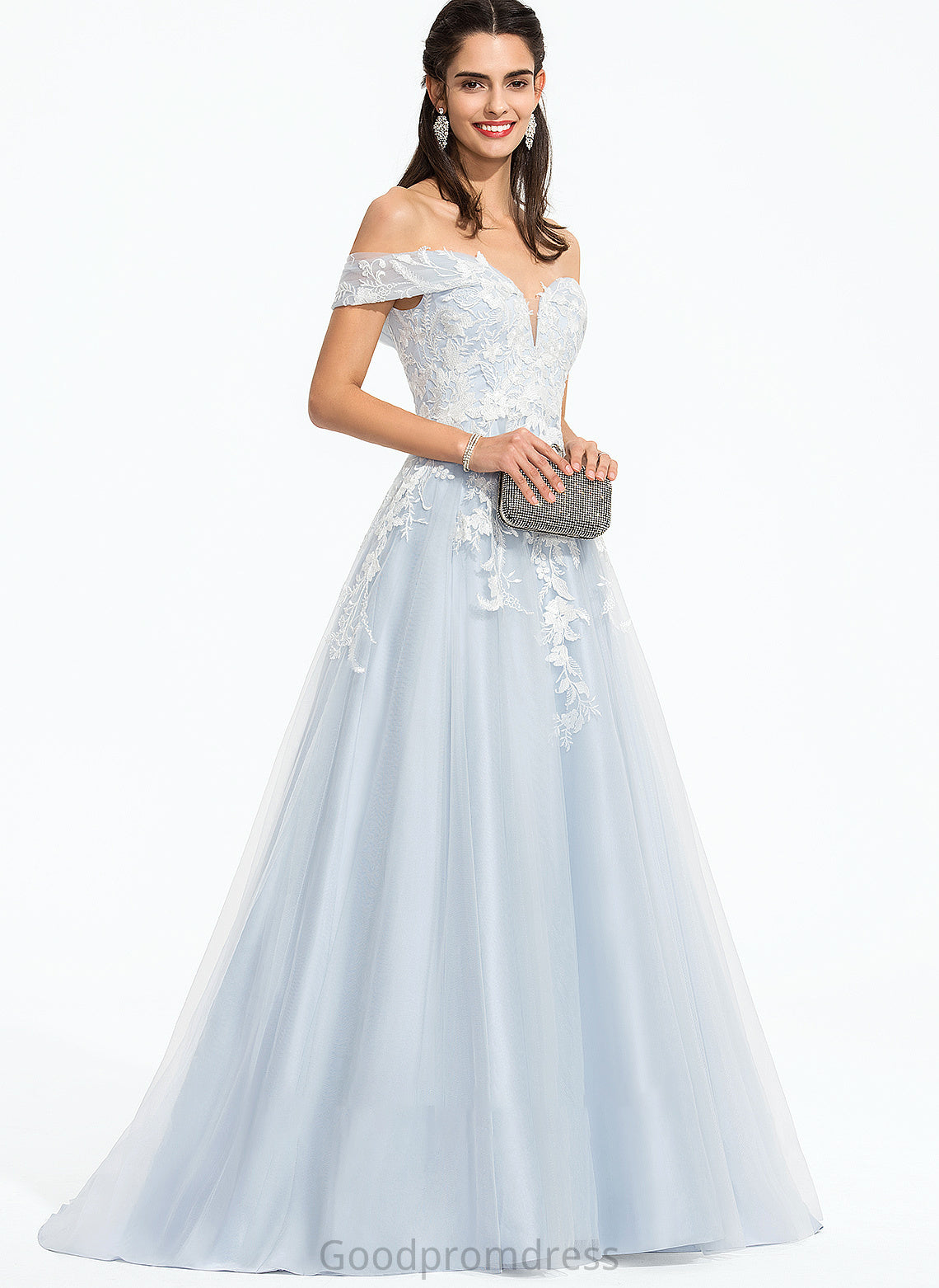 Ball-Gown/Princess Tulle Sweep Train Off-the-Shoulder Thea With Sequins Prom Dresses