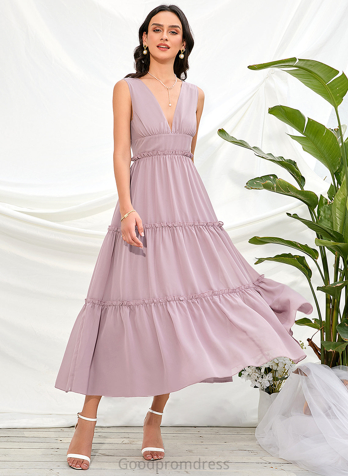 V-neck Length Silhouette Tea-Length Neckline Fabric Polyester Straps A-Line Lindsay Sleeveless A-Line/Princess Bridesmaid Dresses