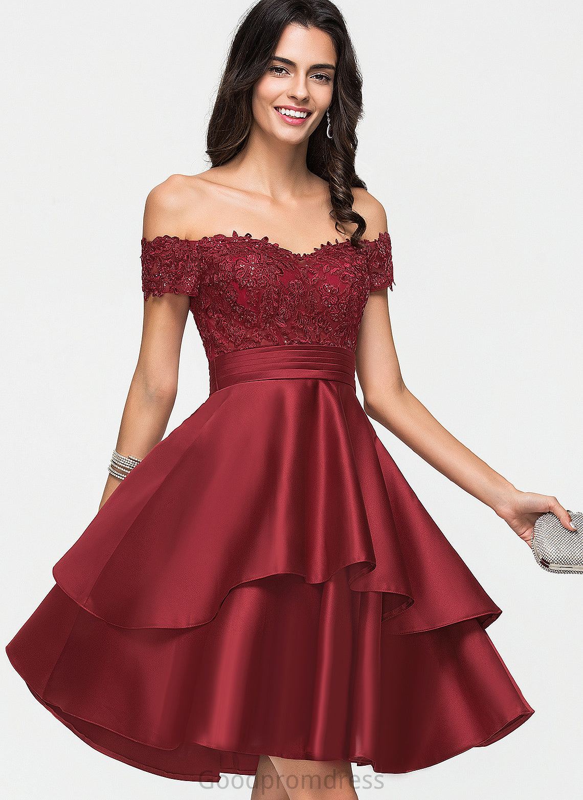 A-Line Lace Knee-Length Cocktail Satin Dress With Daniella Off-the-Shoulder Cocktail Dresses Sequins