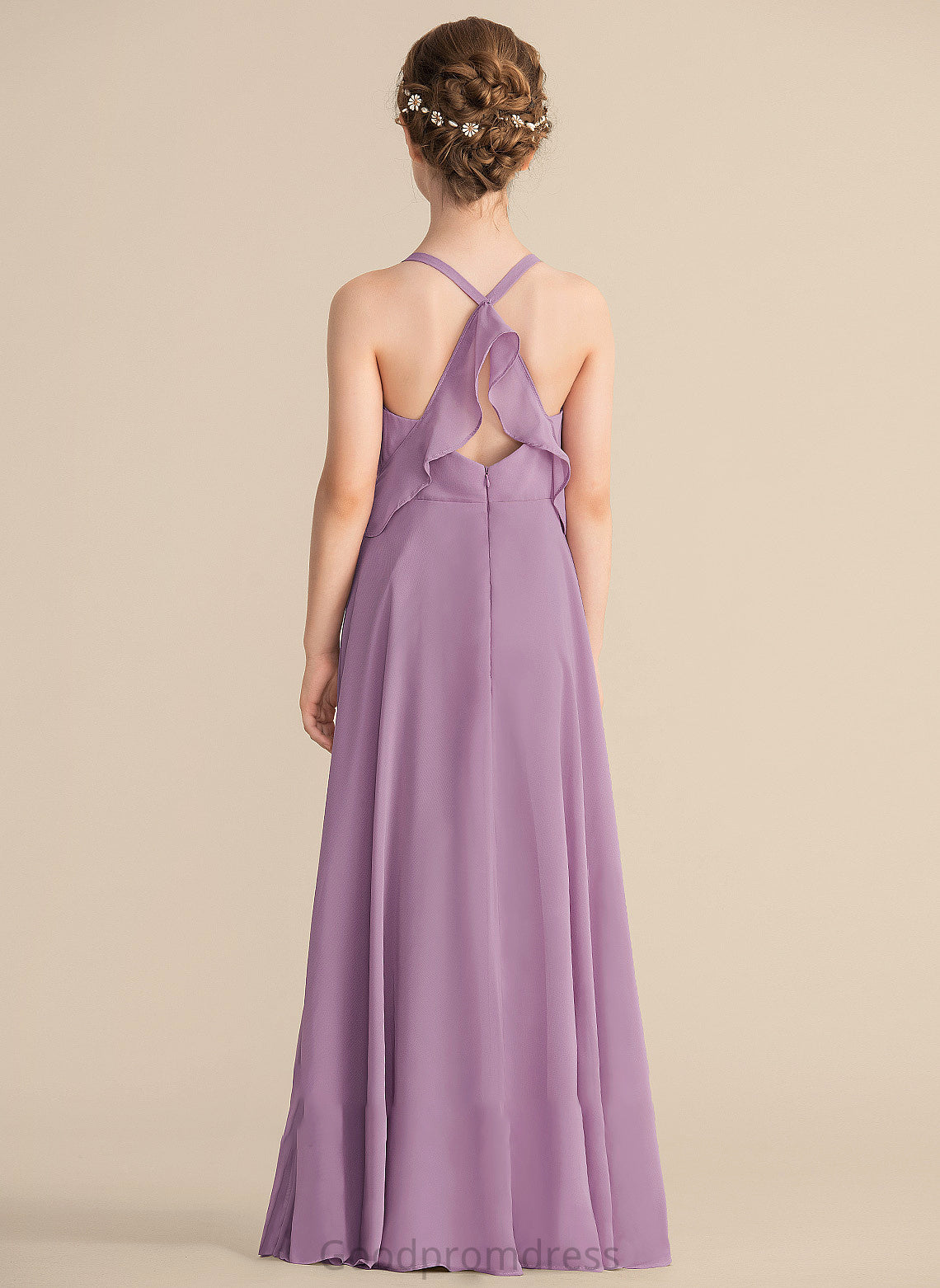 Floor-Length Junior Bridesmaid Dresses Chiffon A-Line Anya Cascading Ruffles With V-neck