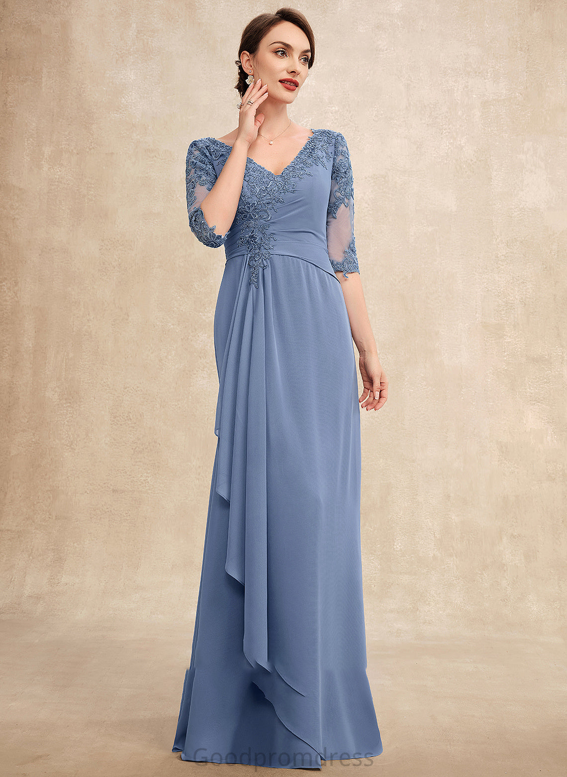 Chiffon Cascading Floor-Length the Mother of the Bride Dresses A-Line Bride Dress With Lace V-neck Ruffles of Yareli Mother