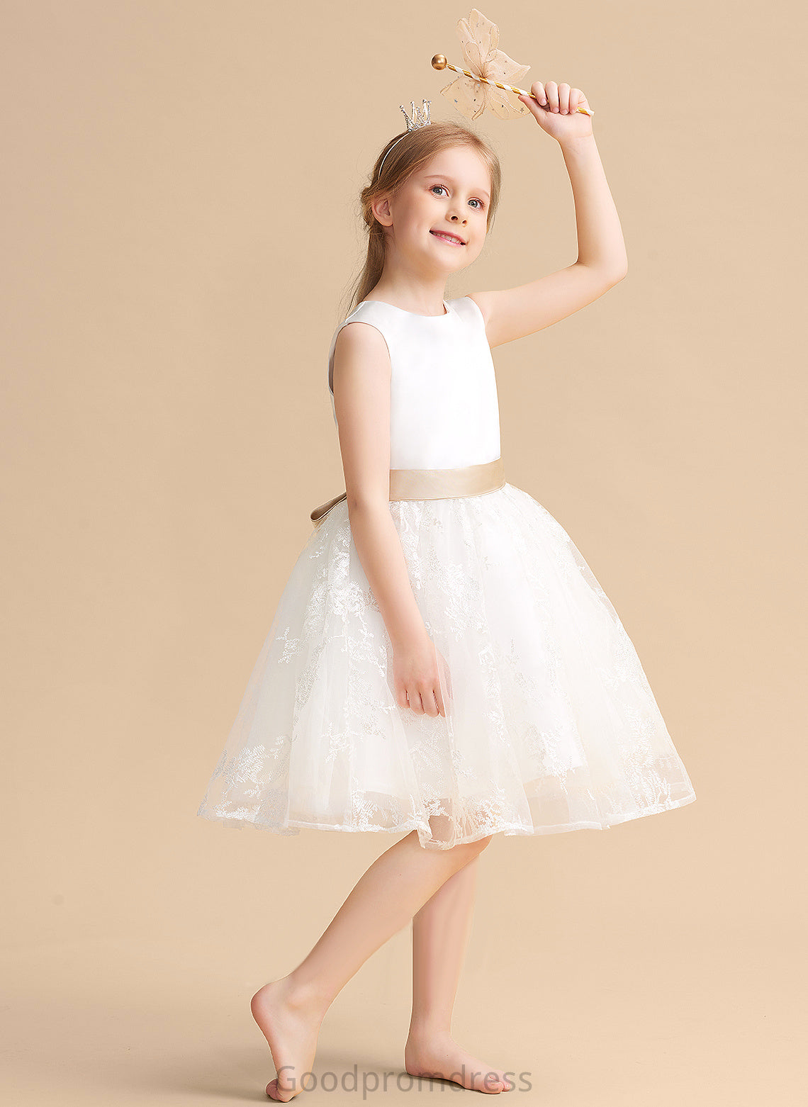 Flower Scoop - Satin/Lace Sash A-Line/Princess Jeanie Neck Girl Dress Sleeveless With Knee-length Flower Girl Dresses