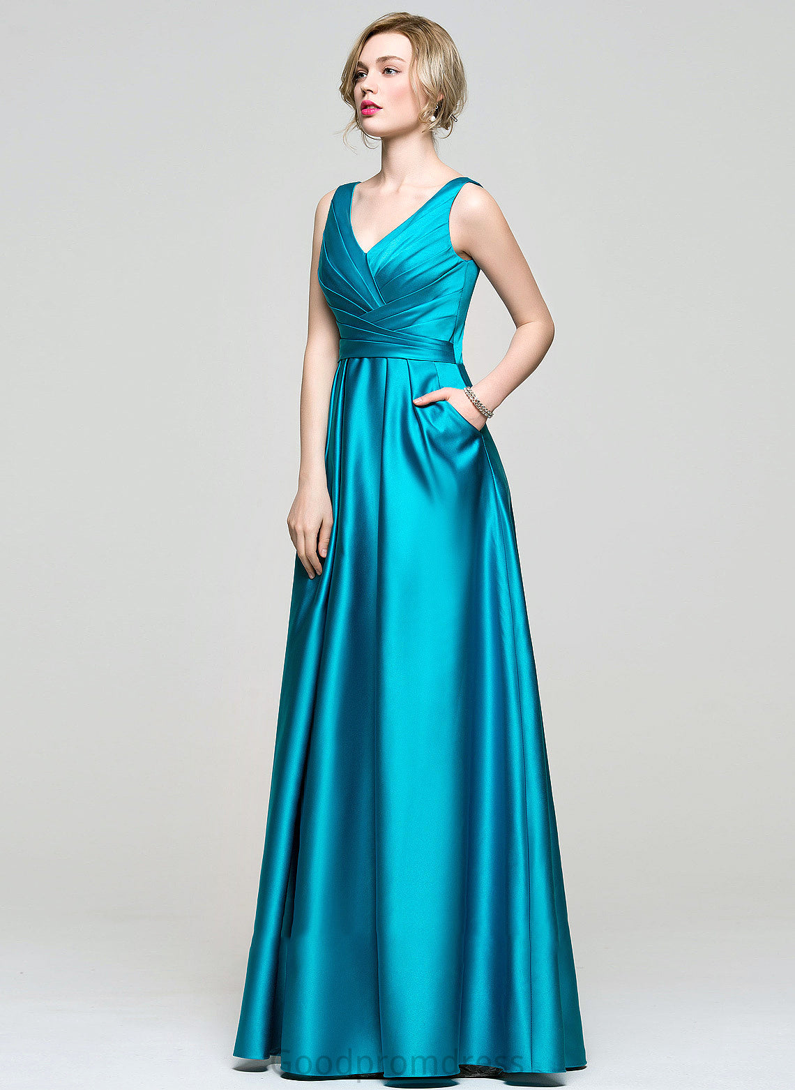 Ball-Gown/Princess Prom Dresses With V-neck Chelsea Satin Ruffle Pockets Floor-Length