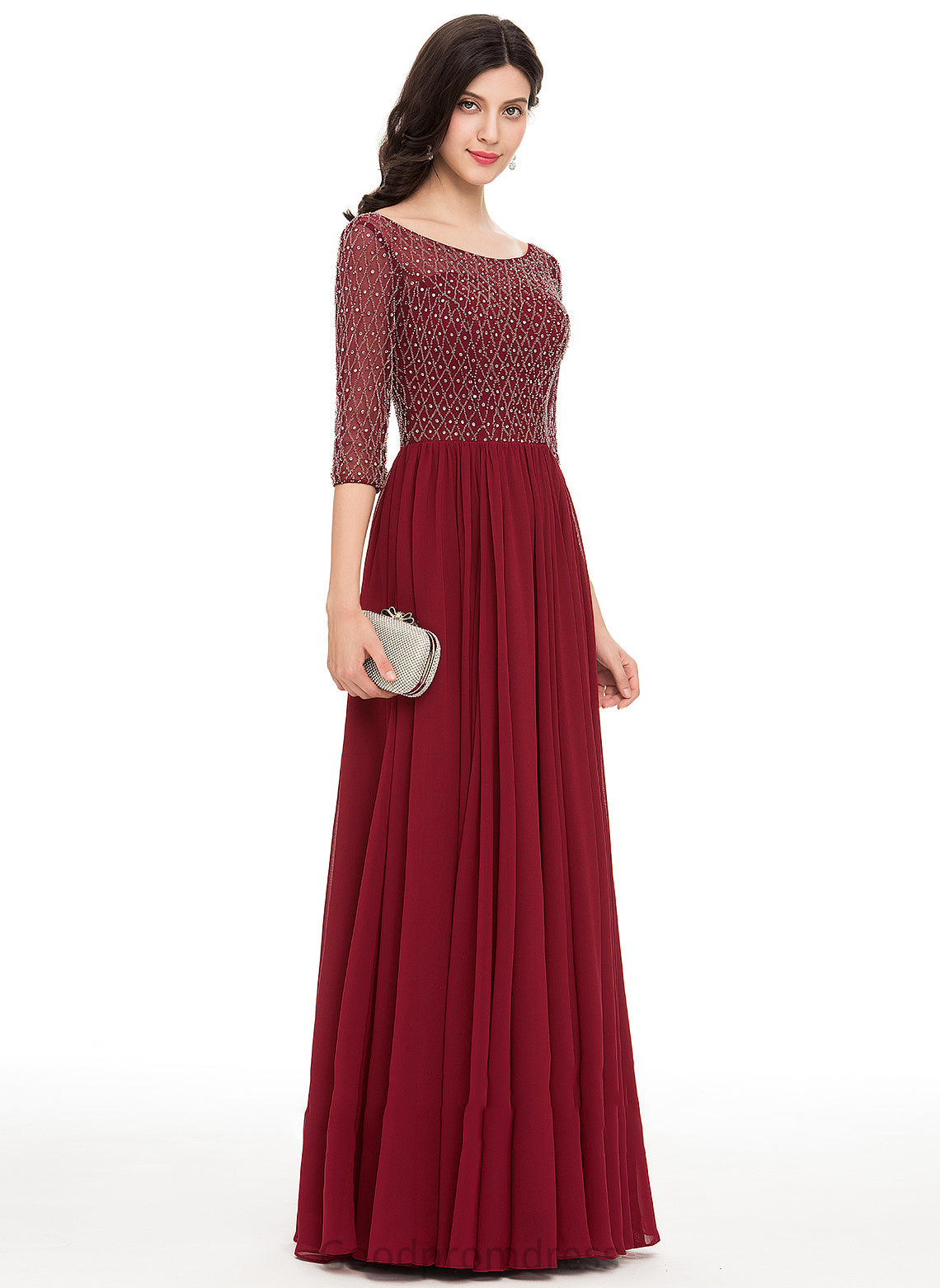 A-Line Sequins Lailah With Beading Floor-Length Neck Scoop Prom Dresses Chiffon