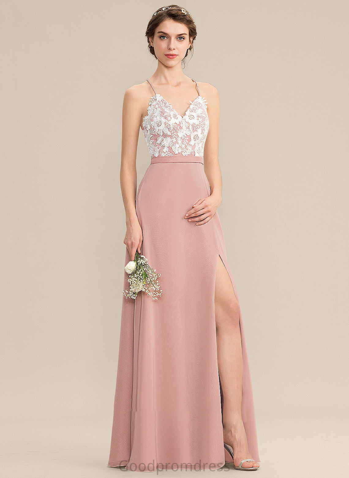 A-Line Alexandria Floor-Length Chiffon Prom Dresses Lace Split With V-neck Front